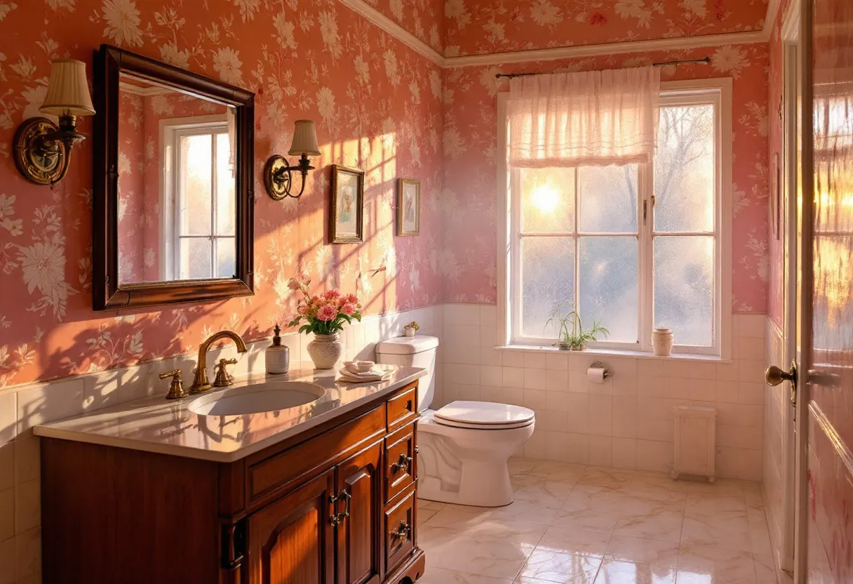 This 70s bathroom exudes a warm and nostalgic charm with its quintessential retro aesthetics. The walls are adorned in bold, floral-patterned wallpaper, a staple of the decade's interior design trends, featuring warm shades of orange and cream. The large, wooden vanity exudes elegance with its rich, dark finish, topped with a cream marble countertop. Gold fixtures, including the faucets and handles, enhance the vintage appeal, reflecting the opulent tastes of the era.
The ambient lighting, contributed by classic wall-mounted sconces with fabric shades, casts a cozy glow throughout the space, emphasizing the texture of the wallpaper. The bathroom is further accentuated by decorative touches such as framed artwork and fresh flowers, placed strategically to create a welcoming and harmonious atmosphere. A white, sheer curtain filters the sunlight through the window, creating a soft, golden illumination that enhances the overall warmth and inviting feel of the room.