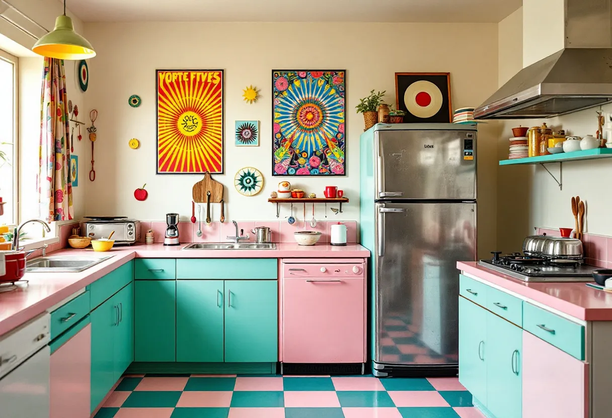 This 70s kitchen exudes a vibrant and eclectic charm, characterized by its bold color palette and retro design elements. The cabinetry is a striking combination of pastel pink and teal, which pairs harmoniously with the checkerboard floor in the same colors, creating a cohesive yet playful aesthetic. The countertops are also pink, adding to the overall whimsy and warmth of the space.
On the walls, various psychedelic and graphic art pieces contribute to the kitchen’s lively atmosphere, with patterns and styles typical of the 70s era. The décor includes a mix of practical kitchen items and decorative touches, such as colorful dishes and small potted plants, enhancing the room's inviting feel. The metallic finish of the refrigerator and stove complements the vivid color scheme, adding a modern touch while still maintaining the retro theme.