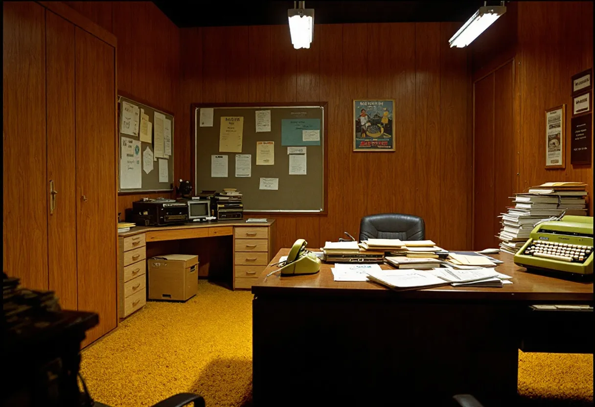 This 70s office is a nostalgic embodiment of mid-century design, characterized by rich, wood-paneled walls that provide an earthy and warm atmosphere. The room is illuminated by two fluorescent ceiling lights, casting an even glow across the workspace. The mustard-yellow carpeting evokes the classic bold color palette of the era, adding a cozy texture underfoot. The central desk, made of dark wood, is a prominent feature and is cluttered with stacks of paper, a typewriter, and an olive-green rotary phone that speaks to the technological standard of the time. 
In the corner, an L-shaped desk setup holds various office machines like a vintage radio and filing equipment, indicative of the pre-digital working environment. A bulletin board covered with memos and notices occupies space on the wall, serving as a reminder of the analog nature of workplace communication. Wall decor is minimal yet period-appropriate, with mounted posters and certificates enhancing the retro ambiance. The absence of modern conveniences highlights a focus on physical paperwork and mechanical devices, creating a snapshot of professional life in that decade.