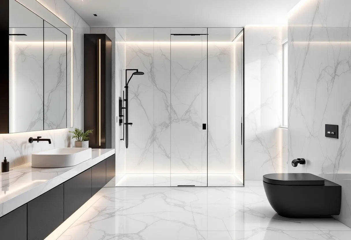 This aesthetic bathroom showcases a modern and minimalist design, emphasizing clean lines and a monochromatic palette. The walls and flooring are adorned with luxurious white marble featuring subtle grey veining, creating a sense of sophistication and timeless elegance. The large mirrors reflect light and enhance the room’s spaciousness, while the integrated lighting adds a warm and inviting atmosphere. The use of black fixtures, such as the faucets and shower hardware, provides a striking contrast against the light marble surfaces, adding depth and a contemporary edge.
The layout is functional and stylish, with a sleek countertop that holds a modern basin sink. A minimalistic approach is evident in the design of the floating vanity and the wall-mounted toilet, which contribute to the uncluttered aesthetic. The glass shower enclosure with dark trim further complements the minimalist theme, maintaining a seamless and open feel. Overall, this bathroom embodies a refined blend of modern luxury and serene simplicity, ideal for a relaxing and rejuvenating experience.