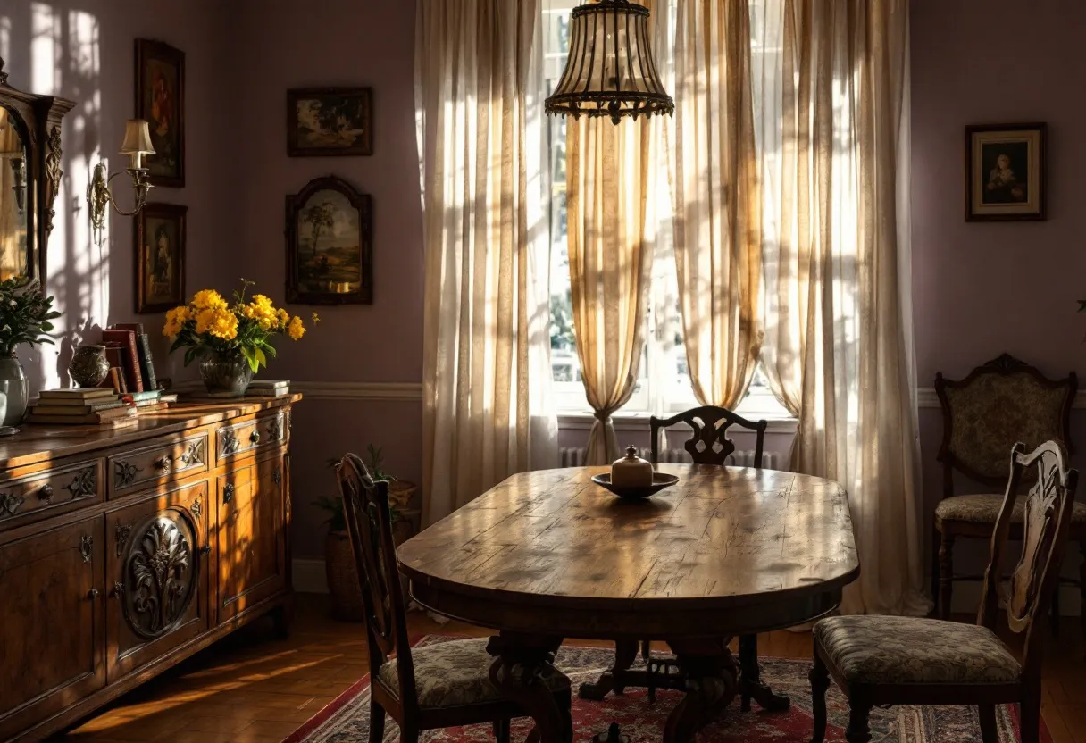 This antique dining room exudes a warm, inviting atmosphere with its elegant yet cozy design. The centerpiece is a beautifully crafted wooden dining table, surrounded by intricately designed chairs that speak to a bygone era of craftsmanship. The wooden textures and rich, dark tones of the furniture create a harmonious balance with the soft, natural light filtering in through the tall, sheer curtains. The curtains themselves add a gentle elegance, casting intricate shadows that dance across the room.
On one side, a large wooden sideboard showcases ornate carvings, offering both functionality and style. It is adorned with vases and a collection of books, alongside a vibrant arrangement of yellow flowers, adding a splash of color and life to the space. Above the sideboard, several classic paintings in ornate frames hang on the soft purple walls, enriching the room’s historical ambiance. The overall décor, with its attention to detail and harmony of colors and textures, creates a timeless setting for gatherings and conversations.