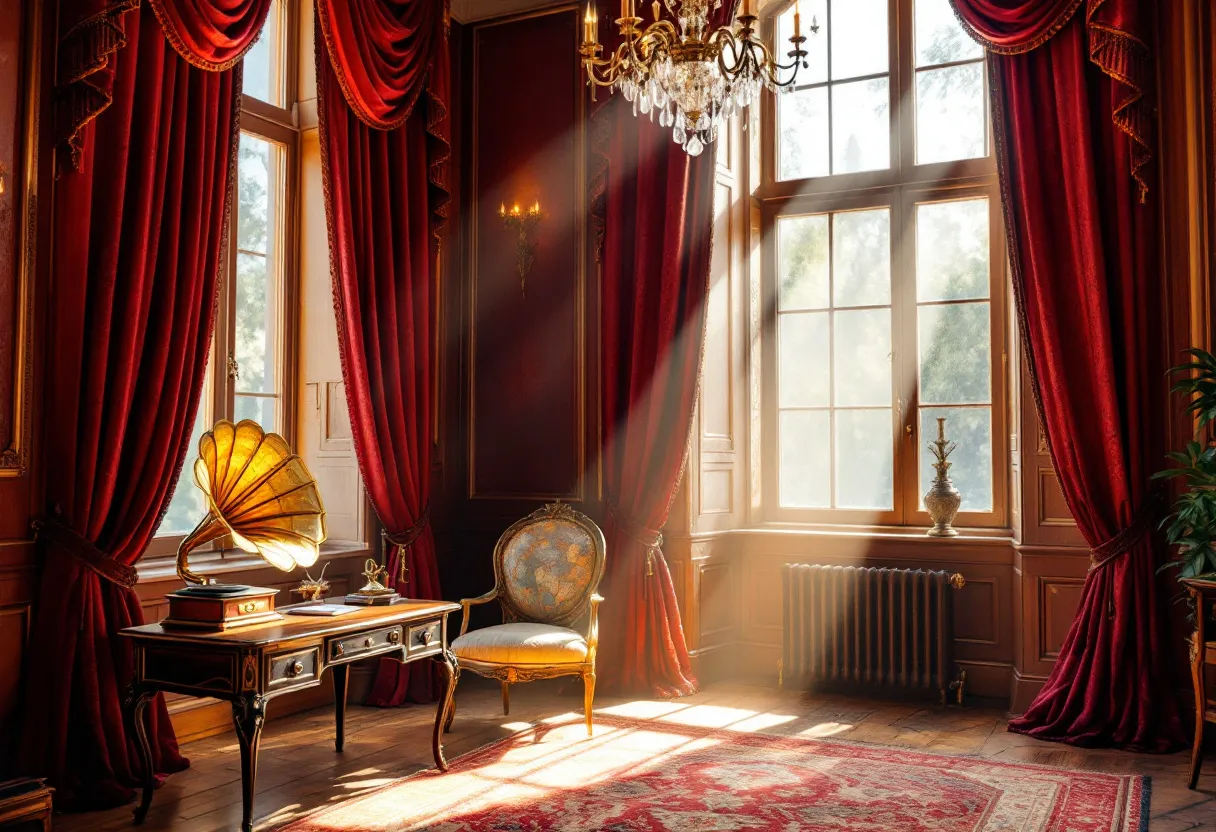 This antique living room exudes warmth and elegance, enriched by the rich red drapery that frames tall windows letting in soft, natural light. The luxurious curtains, with their heavy fabric and intricate folds, add a sense of grandeur, while the patterns on the rug complement the overall opulence of the space. The wooden paneling lining the walls adds a touch of classic sophistication, reflecting the style of a bygone era.
At the heart of the room sits a tastefully carved wooden table, topped with a gramophone, evoking a nostalgic feel. A similarly styled chair, upholstered with intricate floral fabric, further enhances the antique ambiance. Above, a sparkling chandelier adds a touch of elegance, casting a warm glow that highlights the beauty of the room’s furnishings. The ambiance combines timeless charm and a cozy yet refined atmosphere.