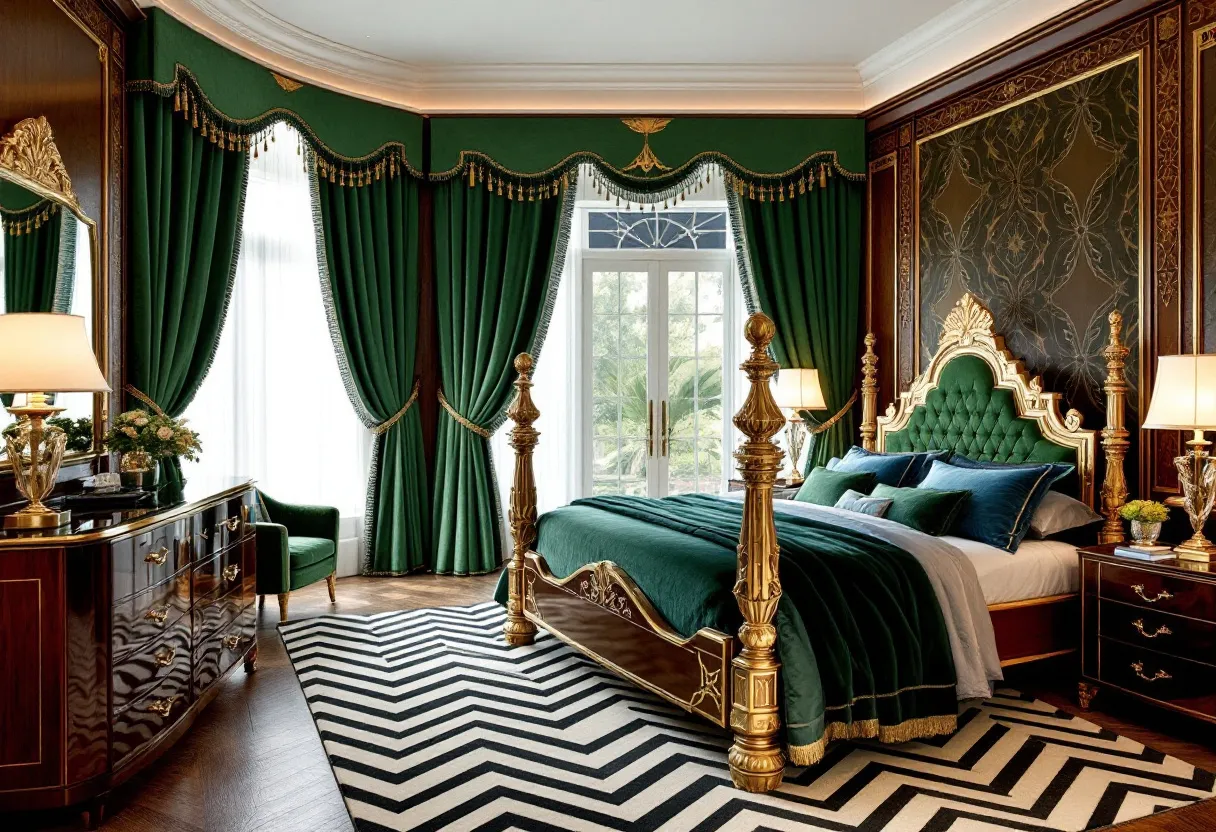 This art deco bedroom exudes opulence with its rich color palette and bold geometric patterns. The luxurious emerald green drapes, adorned with gold tassels, create a dramatic backdrop against the large windows that allow natural light to flood the space. The centerpiece of the room is the lavish bed, featuring an intricately designed headboard with a green tufted fabric flanked by golden accents. The bedposts are grand and ornate, emphasizing the grandeur of the art deco style.
The room’s furnishings further enhance its sophisticated charm. The dark wood dresser is embellished with gold handles and trim that complement the decorative scheme. A striking black and white zigzag rug adds a modern touch, while maintaining the geometric harmony of the design. Elegant lamps on the bedside tables provide warm, ambient lighting, reflecting off the polished surfaces and emphasizing the room’s refined aesthetic.