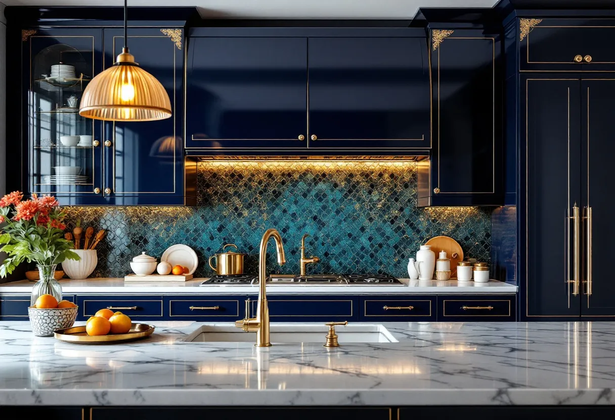 This art deco kitchen exudes elegance with its rich navy cabinetry, accented by sleek gold hardware that adds a touch of sophistication. The cabinetry is meticulously designed with intricate gold trim, highlighting the geometric patterns characteristic of the art deco style. The opulent gold tones are further enhanced by ambient lighting beneath the cabinets, casting a warm glow on the striking mosaic backsplash. The backsplash itself is a stunning interplay of teal and gold, adding a luxurious yet vibrant focal point to the kitchen.
The kitchen island, topped with a polished marble surface, adds an element of timeless luxury. Its pristine white and gray veining complements the overall color scheme. A brass faucet stands prominently on the island, blending seamlessly into the art deco aesthetic, while an elegant pendant light above provides focused illumination. The room's accessories, such as fresh flowers and well-chosen dishware, add subtle color pops and warmth, making this kitchen not only a functional space but a stylish haven that celebrates the lavishness of the art deco era.