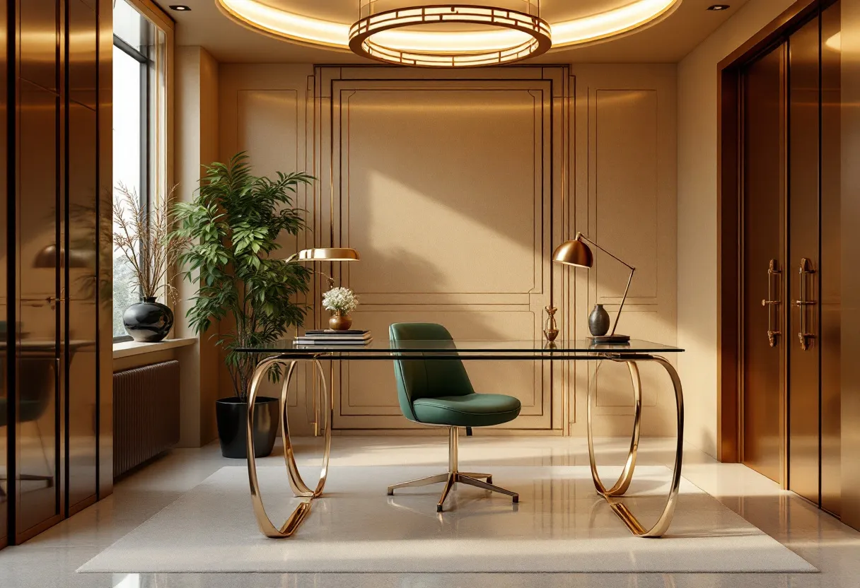 This art deco office exudes elegance and sophistication through its seamless blend of geometric design and luxurious materials. The focal point is a sleek glass desk with curvaceous, gold-toned legs that echo the streamlined forms typical of the art deco movement. The subtle, intricate paneling on the walls enhances the room's symmetry and structure, emphasizing vertical lines that draw the eye upward, suggesting height and grandeur. A plush, green chair complements the desk’s metallic finish, balancing opulence with comfort.
Warm lighting is a key feature in this office, with a statement chandelier casting a soft glow reminiscent of vintage glamour. The gold lamp and decorative vases on the desk add further touches of refinement, while a lush potted plant by the large window introduces a hint of nature. The window allows natural light to flood the space, adding to the overall bright and airy ambiance. The combination of rich textures and thoughtful design elements creates an inviting yet sophisticated workspace fitting for a distinguished professional setting.