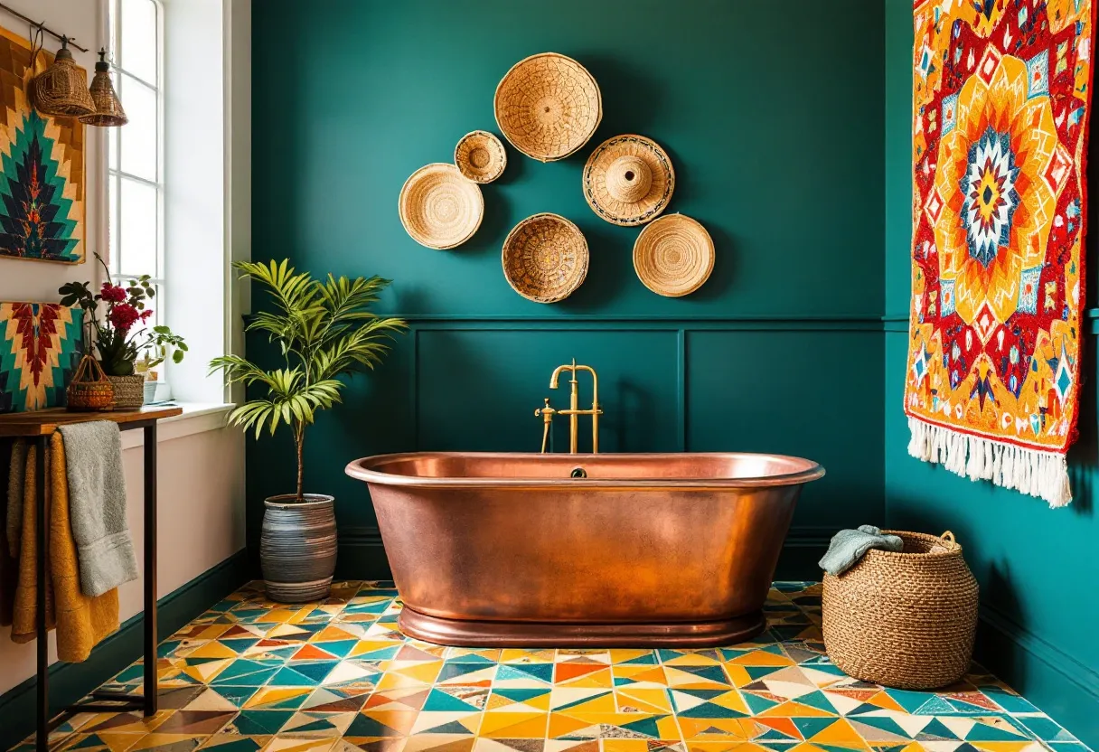 This bohemian bathroom exudes a vibrant and eclectic charm. The central feature is a striking copper bathtub, providing a bold contrast against the rich teal walls. Adorned with woven baskets of various sizes and patterns, the wall art adds texture and a touch of artisanal appeal. A colorful geometric floor pattern enhances the lively atmosphere, while a large, woven basket serves as a practical yet stylish storage option.
This bohemian bathroom incorporates a variety of natural elements, such as a potted plant that introduces a fresh splash of greenery. The adjacent window allows natural light to stream in, highlighting the rich hues and intricate patterns. A wooden table holds a mix of decorative items, adding warmth and a sense of personal style. A bright tapestry with vivid colors and intricate designs adds a final flourish, tying the space together with its bohemian aesthetic.