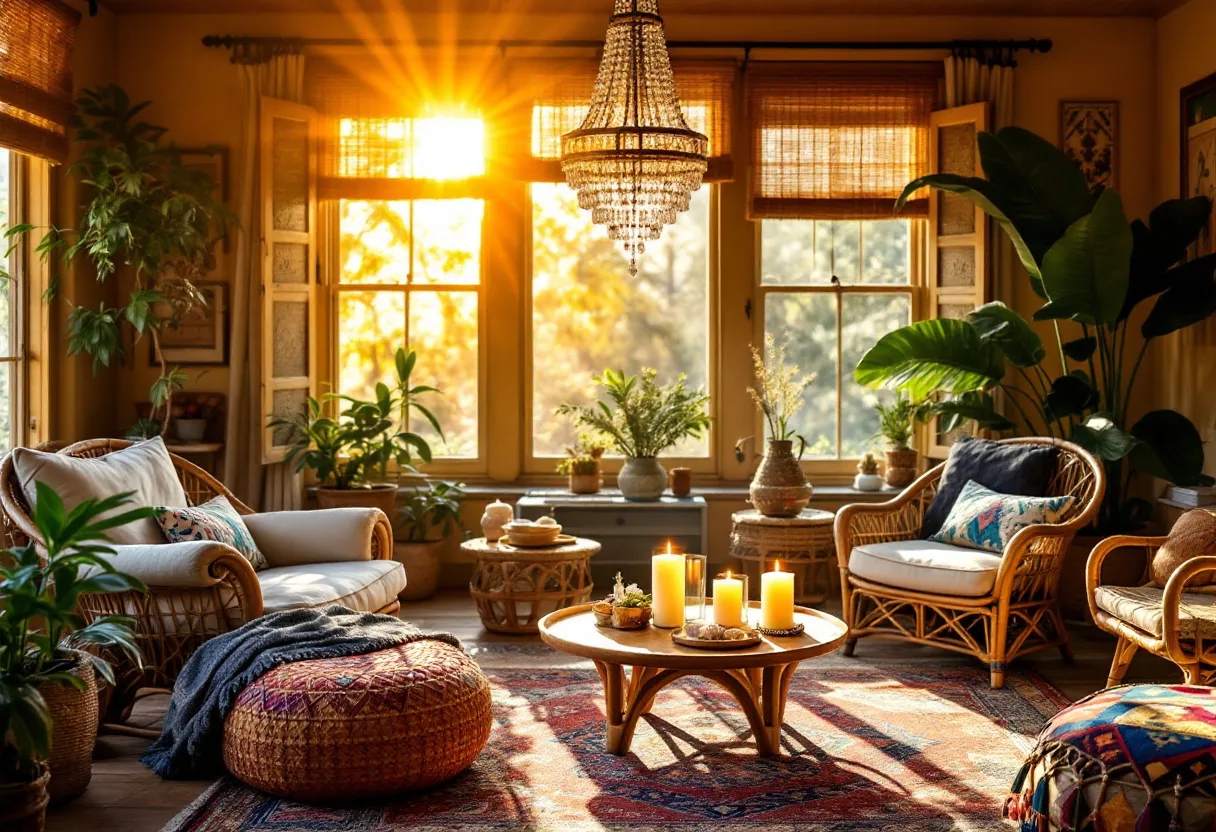 This bohemian living room exudes warmth and comfort, creating an inviting atmosphere enriched with natural light. The space is adorned with an eclectic mix of woven furniture, including chairs and tables, which adds an earthy texture to the room. The large windows, framed with bamboo blinds, allow the golden sunlight to pour in, enhancing the room's vibrant and organic feel.
The room is filled with an array of lush green plants placed strategically around the space, bringing a touch of nature indoors. A low round coffee table occupies the center, decorated with an assortment of candles that contribute to the cozy, ambient lighting. Colorful, patterned cushions and throws add a pop of color and are spread across the seating, enhancing the bohemian aesthetic with an inviting, lived-in feel.