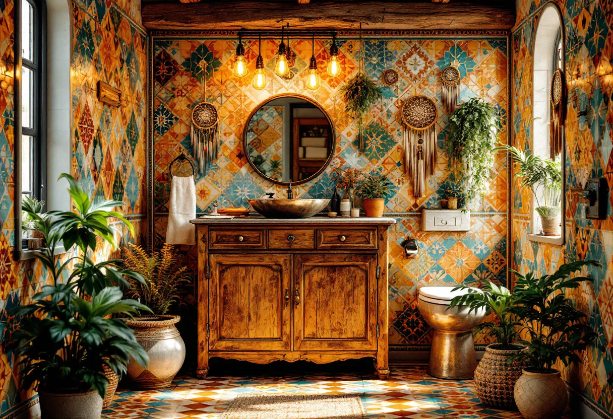 This boho bathroom exudes a vibrant and eclectic charm, characterized by its colorful tiled walls featuring a mix of intricate geometric patterns. The tiles' warm tones of orange, blue, and green create a lively yet harmonious atmosphere. A rustic wooden vanity serves as the centerpiece, topped with a stylish stone basin. Above it, a round mirror is flanked by hanging lightbulbs with exposed filaments, adding warmth and an industrial edge to the space.
The bathroom is adorned with bohemian elements, including dreamcatchers and potted greenery, which enhance its natural and free-spirited vibe. The lush plants placed throughout contribute to a sense of freshness and tranquility. The variety of textures—from the smooth pottery of the plant holders to the rough-hewn wooden beams overhead—adds depth and interest to the space, celebrating the essence of bohemian design.