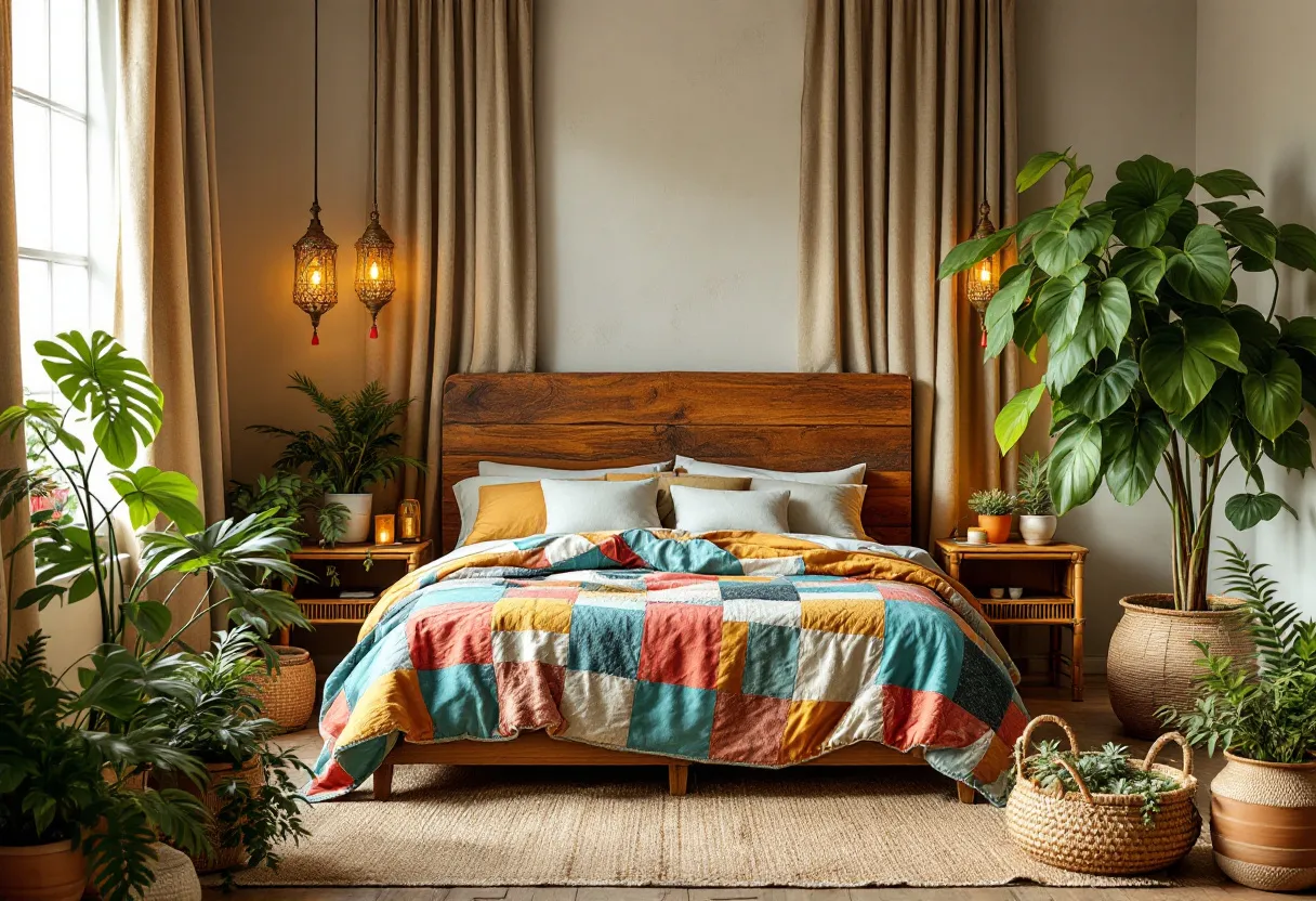 This boho bedroom exudes a warm and inviting atmosphere, characterized by its harmonious blend of natural elements and vibrant textiles. The focal point is the large wooden headboard, which anchors the space with its rustic aesthetic. Above, two intricately designed hanging lamps cast a soft, ambient glow, enhancing the cozy ambiance. The bed itself is adorned with a vibrant patchwork quilt, featuring an array of rich colors such as teal, mustard, and coral, adding a lively contrast to the otherwise neutral room.
Flanking the bed are lush green plants, which bring a touch of nature indoors, complementing the earthy tones of the rug and wooden furniture. A variety of potted plants are strategically placed around the room, adding texture and life. The soft, flowing curtains frame the window, allowing natural light to filter through, creating a serene and airy environment. The combination of natural materials and eclectic touches embodies the bohemian spirit, making this bedroom a perfect retreat.