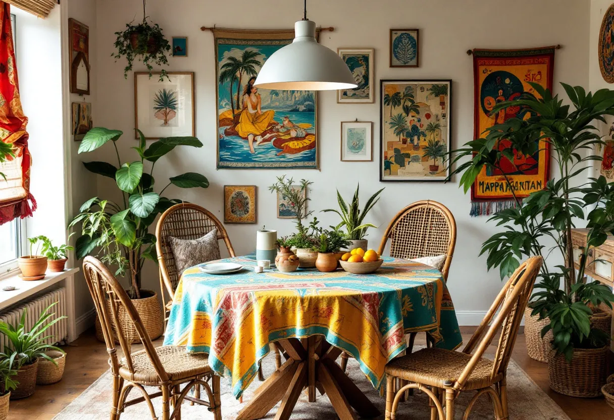 This boho dining room is a vibrant and eclectic space that combines natural elements with artistic flair. The round wooden table is covered with a colorful tablecloth featuring a mix of warm hues, setting a cheerful tone for the room. Surrounding the table are wicker chairs, adding a rustic touch that complements the bohemian theme. The space is adorned with an abundance of lush green plants in decorative pots, bringing life and a sense of tranquility to the room.
Artwork and tapestries bursting with color and intricate designs decorate the walls, enhancing the bohemian aesthetic. These pieces range from tropical scenes to abstract patterns, adding diversity and interest to the room’s decor. A large pendant light hangs above the table, offering both illumination and a modern contrast to the otherwise laid-back vibe. Together, these elements create a cozy and inviting atmosphere perfect for dining and social gatherings.