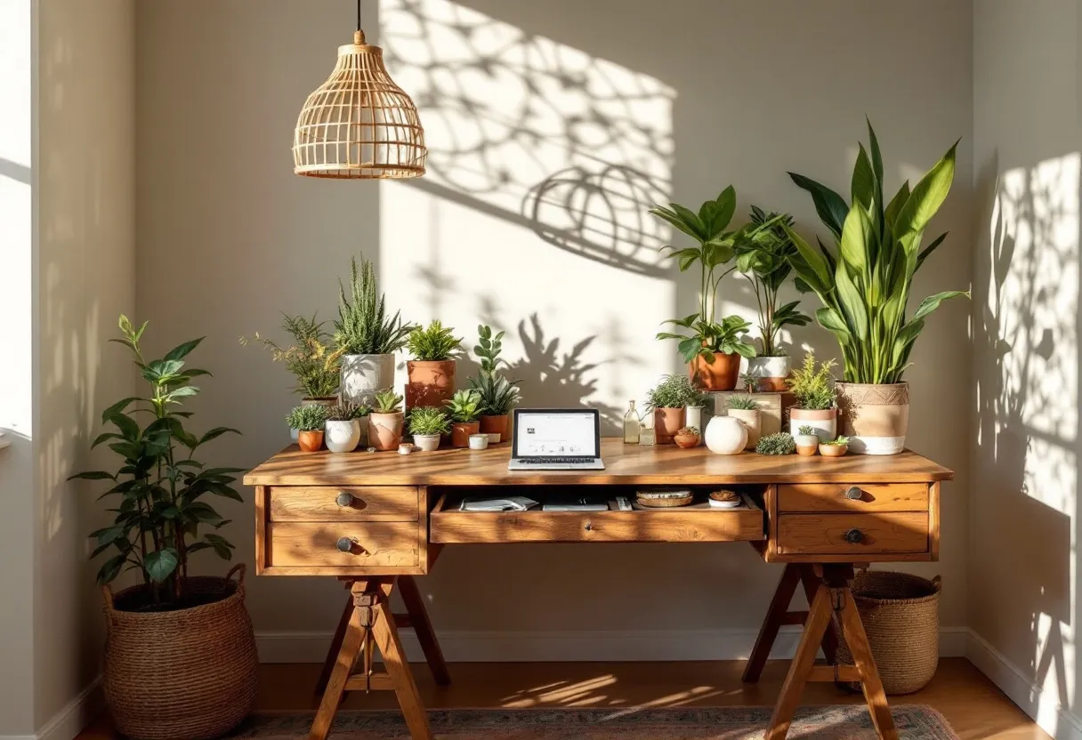 This boho office beautifully captures a serene and earthy atmosphere, anchored by the warmth of a natural wooden desk. The tabletop is adorned with a lush array of plants in diverse pots, blending various shades of green, creating a vibrant indoor garden. The potted plants, ranging from tall leafy ones to small succulents, introduce a calming element of nature. The woven pendant light overhead casts intricate shadows reminiscent of a cozy retreat, perfectly complementing the bohemian aesthetic.
The soft, muted wall color enhances the relaxed and inviting ambiance, while the sunlight streaming in provides a lively yet tranquil workspace. The wicker basket planter adds texture, contributing to the overall organic feel of the space. This combination of functional simplicity and natural beauty creates an ideal environment for creativity and concentration, making it a perfect bohemian sanctuary for work or study.