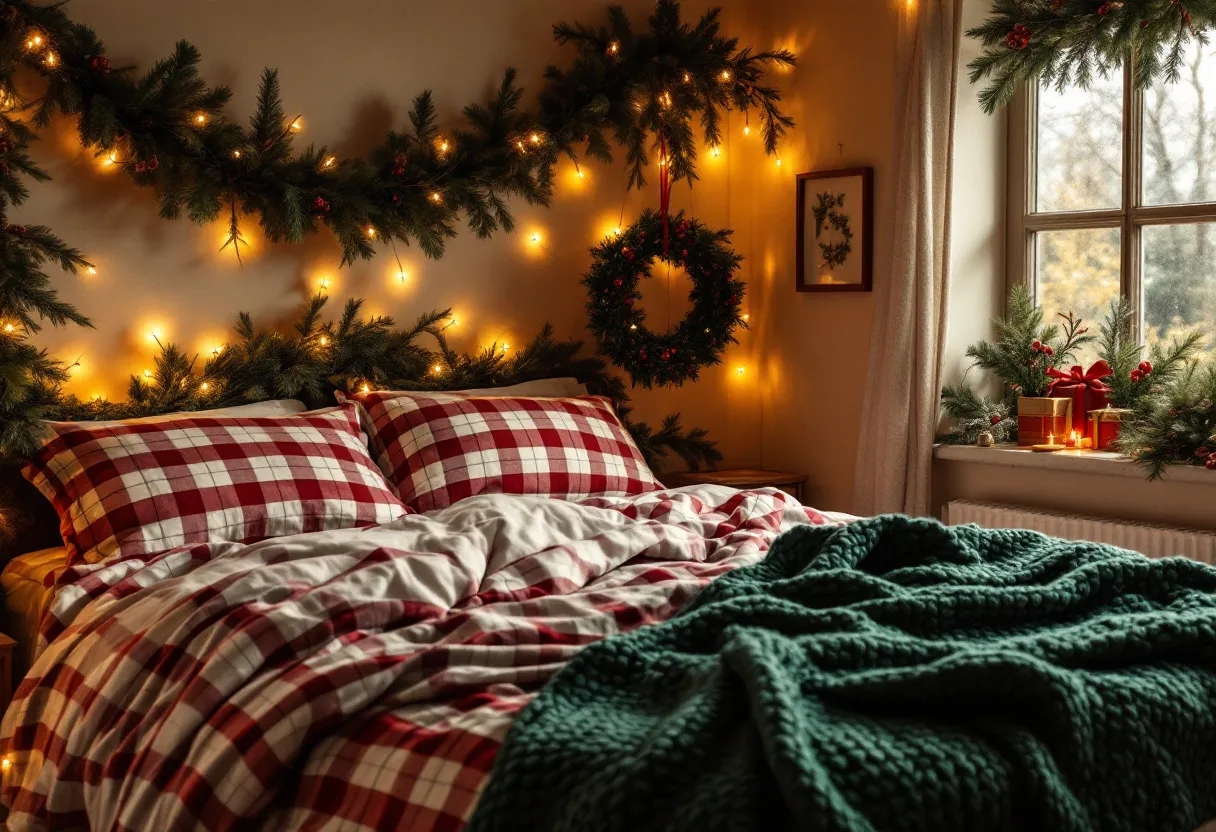 This Christmas bedroom exudes a warm and inviting atmosphere, perfect for the festive season. The bed takes center stage with its cozy red and white plaid bedding, creating a classic and timeless holiday look. Above the bed, lush greenery adorned with twinkling lights drapes elegantly, adding a touch of natural charm and festive sparkle. A wreath hangs on the wall, enhancing the Christmas theme, while soft lighting casts a gentle glow throughout the room, creating a serene and peaceful ambiance.
In addition to the bed, the window area is adorned with festive decorations. A garland frames the window, complemented by a few candles and potted plants. These details not only bring warmth but also connect the space to the wintery scene outside. The combination of textures, from the knitted green blanket to the smooth wooden surfaces, adds depth and interest, making this bedroom a perfect retreat for the holiday season.
