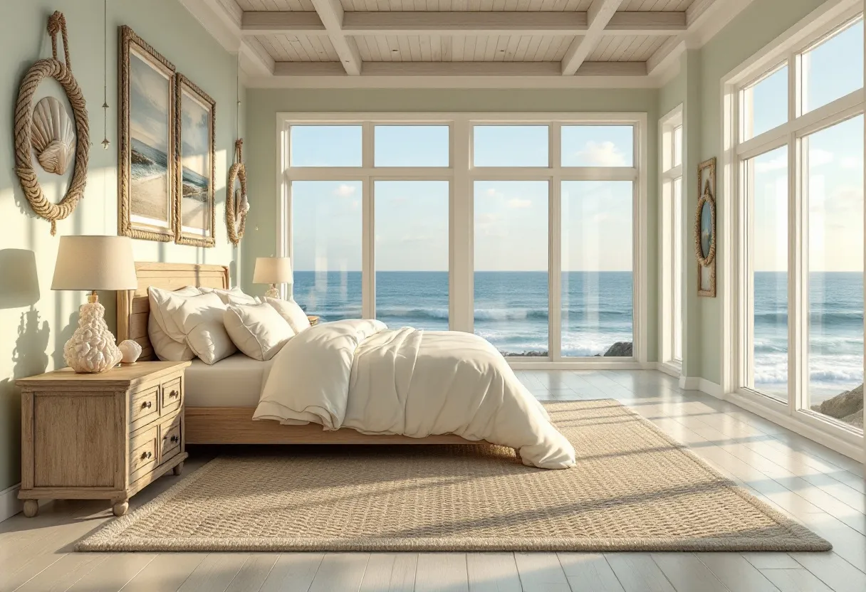 This coastal bedroom exudes a calming and serene atmosphere, blending the ocean's natural beauty with elegant, cozy furnishings. The room features large windows that offer a breathtaking panoramic view of the sea, allowing natural light to flood the space and create an airy, open vibe. Soft, sandy-colored walls complement the oceanic tones, providing a harmonious backdrop for the room's decor. The wooden bed, dressed in crisp white linens, is accompanied by matching side tables that emphasize the natural, earthy theme. A textured rug underfoot adds warmth and comfort, balancing the room's airy design.
Additional elements, such as seashell-themed wall art and rope mirrors, enhance the coastal aesthetic and create a connection to the beachfront setting. The decor subtly incorporates nautical motifs without overwhelming the space, achieving a sophisticated and relaxed ambiance. Soft lighting from elegant lamps further amplifies the room's cozy feel, making it an inviting retreat where one can unwind while enjoying the soothing sounds and sights of the ocean just beyond the windows.
