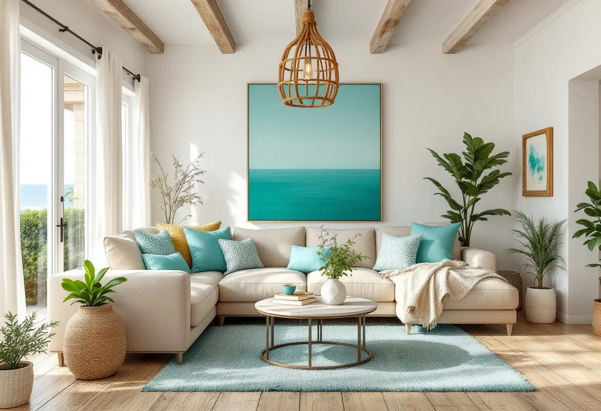 This coastal living room exudes a serene and airy ambiance, perfectly capturing the essence of seaside living. The room features a large, plush sectional sofa in a soft, neutral tone, adorned with a variety of pillows that incorporate shades of seafoam green and turquoise. These colors are complemented by a large piece of wall art depicting a minimalist ocean scene, seamlessly blending with the tranquil theme. Natural elements are highlighted here, with wooden beams extending across the ceiling and a stylish, rope-like pendant light adding a touch of rustic charm.
The space is bathed in natural light streaming through tall windows dressed with sheer white curtains, which enhance the open, breezy feel of the room. A textured, turquoise area rug rests on the wooden floor, anchoring the central seating area where a round coffee table displays simple decor, reinforcing a minimalistic aesthetic. Lush green plants in wicker and ceramic pots are strategically placed throughout the room, bringing in a fresh, organic element and connecting the indoors with the natural beauty of the coast outside.