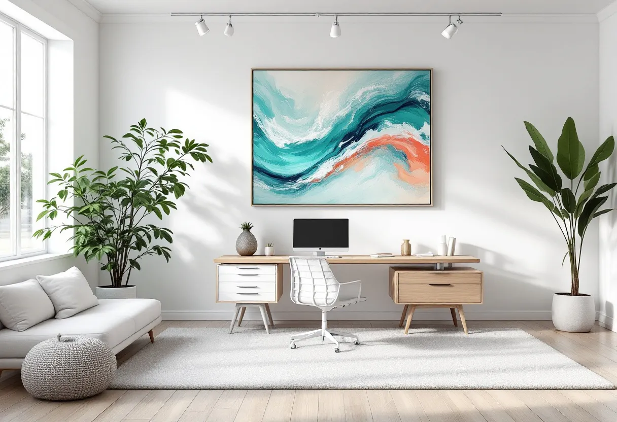 This coastal office exudes a serene and airy ambiance, characterized by its minimalist design and soothing color palette. The space is anchored by a large, abstract ocean-themed artwork that introduces calming hues of teal, blue, and coral, perfectly capturing the essence of a coastal setting. A sleek wooden desk complements the artwork, providing a functional workspace. The desk is neatly arranged with essentials, highlighting an organized and clutter-free aesthetic. The presence of a modern white office chair enhances the contemporary vibe of the office while ensuring comfort and style.
Natural light floods the room through expansive windows, accentuating the lush greenery provided by two well-placed potted plants. These plants add a touch of nature, reinforcing the harmonious blend of indoor and outdoor elements. A plush white rug underlies the workspace, further contributing to the cozy and inviting atmosphere. A comfortable white sofa accompanied by a knitted pouf offers a relaxing area for breaks or informal meetings. Overall, this coastal office is a perfect blend of tranquility and productivity, making it an ideal environment for creative and focused endeavors.