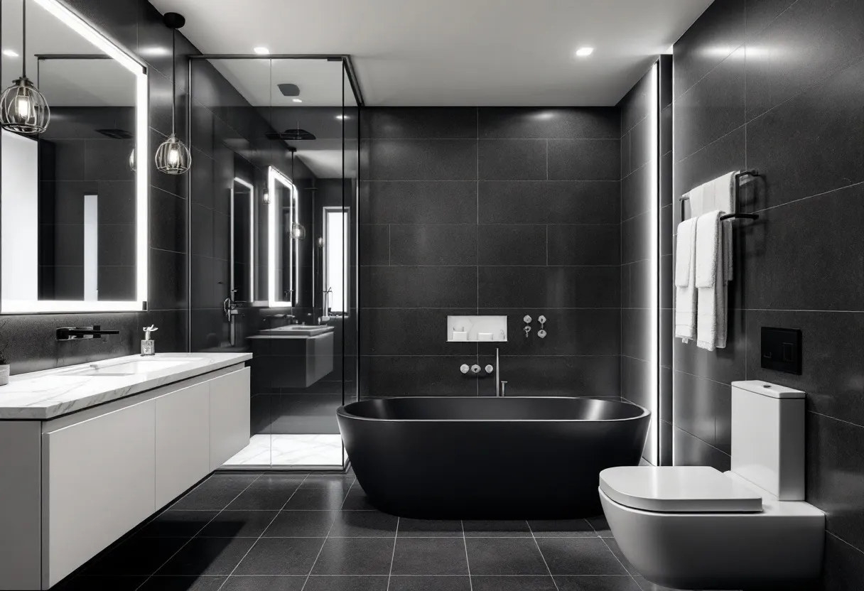This contemporary bathroom exudes a sleek and sophisticated design, featuring a predominantly black and white color scheme that enhances its modern appeal. The matte black bathtub serves as a striking centerpiece, contrasting beautifully against the white elements such as the toilet and wash basin. The elegant simplicity of the black tiles on the floor and walls emphasizes the room's clean lines and minimalist aesthetic. Soft overhead lighting, combined with illuminated mirrors, contributes to an ambiance of understated luxury.
In addition to its visual appeal, the bathroom is designed with functionality in mind. The spacious vanity offers ample storage, and the large mirror provides a sense of depth, making the space feel more expansive. The glass shower enclosure contributes to the open, airy feel of the room while showcasing the seamless integration of the different components. Metallic accents, such as the sleek fixtures and towel rack, add a touch of refinement, completing the room's overall contemporary look.