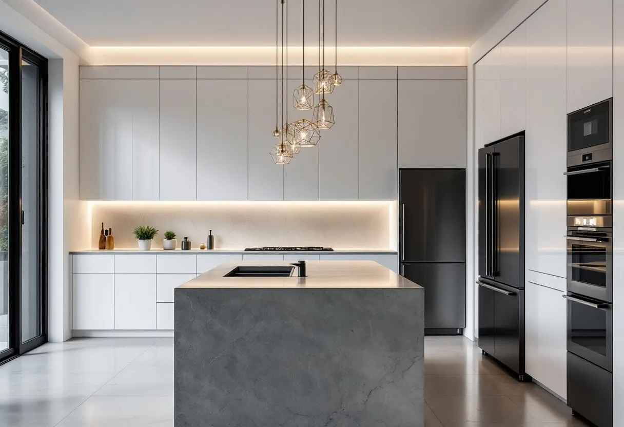 This contemporary kitchen boasts a sleek and minimalist design, characterized by its clean lines and neutral color palette. The cabinetry features a glossy white finish, which enhances the spaciousness and brightness of the room. The seamless integration of appliances maintains the streamlined aesthetic, with a modern black refrigerator and a set of built-in ovens. The overall look is sophisticated yet functional, ensuring an efficient and stylish cooking space.
The centerpiece of the kitchen is a substantial marble island that offers ample space for meal preparation and casual dining. Above the island hangs a series of geometric pendant lights, providing both illumination and a touch of elegance. The lighting fixtures, along with the under-cabinet lighting, create a warm and inviting ambiance, balancing the room's modern character with a cozy atmosphere. Large windows flood the space with natural light, accentuating the kitchen's contemporary charm.