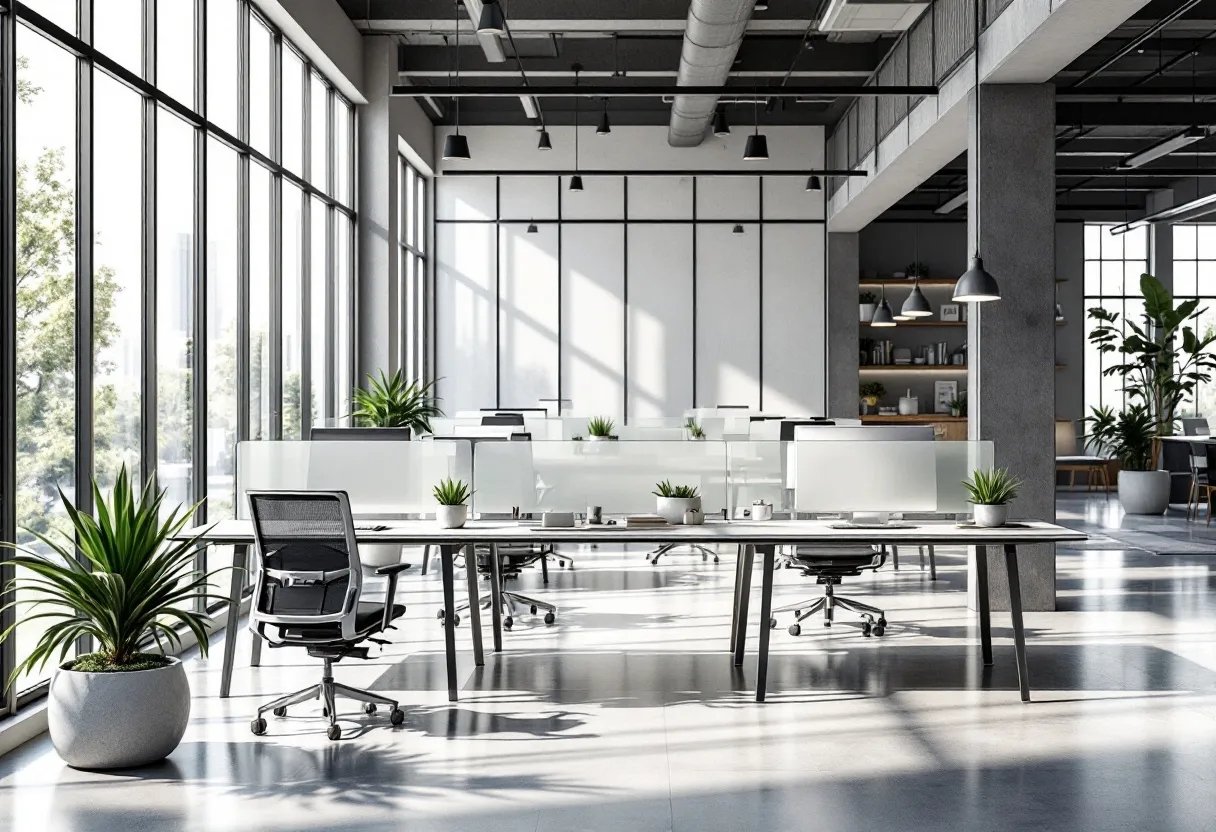 This contemporary office exudes a sense of openness and modernity, thanks largely to its floor-to-ceiling windows that flood the space with natural light. The use of glass partitions and clean lines contributes to an atmosphere that feels both airy and structured. The desks are arranged in a way that promotes collaboration, while still allowing for individual workspaces. Ergonomic chairs and minimalist desk layouts emphasize the importance of both comfort and functionality within the workspace.
Adding to the modern aesthetic, the presence of indoor plants brings a touch of nature indoors, enhancing the overall ambiance and promoting a sense of well-being. Industrial elements, such as exposed ducts and simple hanging lights, blend seamlessly with the polished concrete floors and sleek furnishings. The entire setting fosters a productive yet relaxed environment, making it an ideal space for contemporary work dynamics.