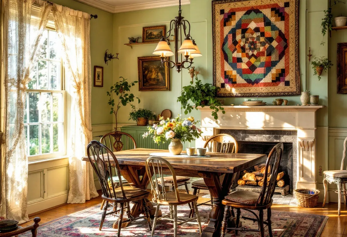 This cottage core dining room exudes a warm and inviting ambiance, characterized by its vintage charm and rustic elegance. The centerpiece wooden table, with its natural grain and sturdy build, is surrounded by mismatched chairs, adding to the quaint, homey feel. A large window allows soft sunlight to stream in, casting a natural glow throughout the room and highlighting the delicate lace curtains that gently frame the space. The room’s earthy color palette, with its soft greens and browns, complements the wooden floor and rustic elements.
The room is adorned with thoughtful decorative touches, such as a vibrant quilt displayed above the fireplace, which serves as an artistic focal point. The fireplace itself is decorated with potted plants, and a variety of ceramics and vases are placed on the mantel, enhancing the room's connection to nature. A bouquet of fresh flowers sits on the table, adding a splash of color that ties in with the garden-themed paintings on the walls. The charming chandelier hanging above provides a subtle, yet elegant touch, complementing the overall harmonious aesthetic of the space.