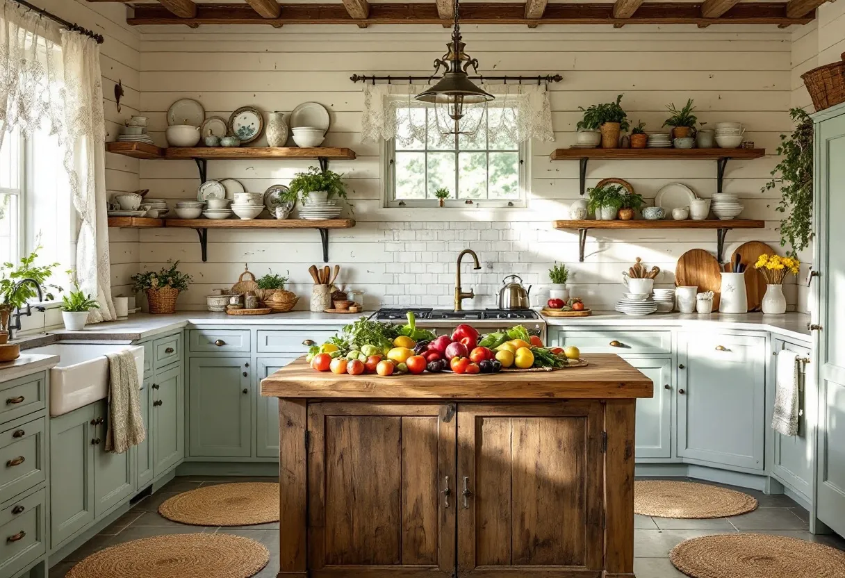 This cottage core kitchen exudes a warm and inviting atmosphere, accentuated by its rustic wooden elements and soft pastel hues. The light seafoam cabinetry harmonizes beautifully with the wooden countertops, creating a serene backdrop that's both functional and aesthetically pleasing. Open wooden shelves display an array of white crockery and potted plants, adding a touch of nature and simplicity to the space. The large farmhouse sink and brass fixtures give the kitchen an authentic, vintage feel, enhancing its charm.
Natural light pours in through the lace-curtained window, illuminating the central wooden island adorned with a vibrant array of fresh vegetables. This centerpiece not only highlights the kitchen's emphasis on nature and organic living but also adds a pop of color to the space. The exposed wooden beams and woven rugs contribute to the cozy, homely feel, completing the cottage core aesthetic with their authentic texture and warmth.