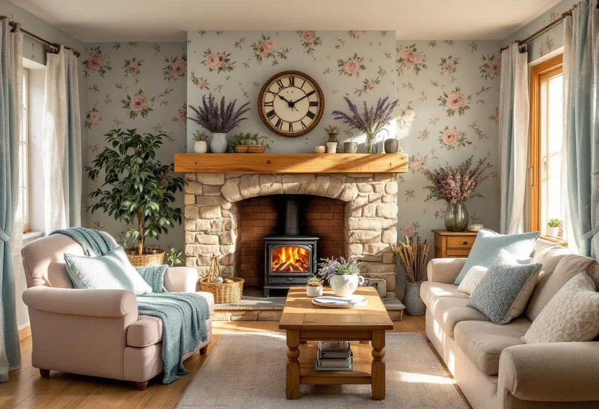 This cottage core living room exudes warmth and charm with its delightful blend of rustic and floral elements. The stone fireplace serves as a striking focal point, topped with a natural wood mantel that offers a place for decorative vases and lavender. Above it, a large, vintage-style clock adds a timeless touch. The wallpaper adorned with delicate pink roses enhances the cozy, pastoral aura, perfectly complementing the overall aesthetic.
Natural light floods the room through large windows framed by soft, flowing curtains. A plush armchair and a comfortable sofa, both in muted tones, invite relaxation and conversation. The sofa is embellished with cushions in varying shades of blue, adding subtle color and texture. A wooden coffee table at the center holds a simple floral arrangement, further accentuating the cottage core theme. The thoughtfully placed potted plants and wicker baskets contribute to a sense of tranquility and homeliness in the space.