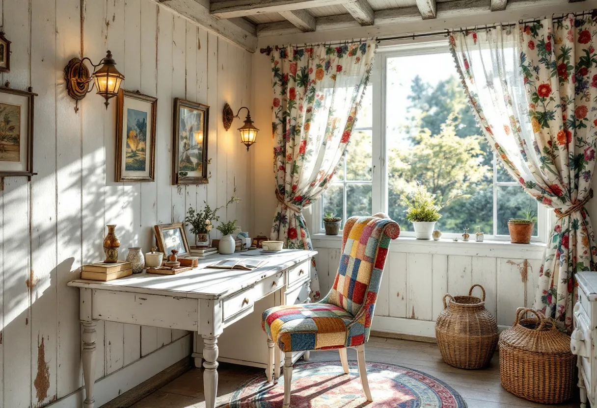 This cottage core office exudes a cozy and inviting atmosphere, embodying a blend of rustic charm and natural elements. The walls are adorned with light wood paneling, enhancing the warm, earthy tones of the space. The desk, painted in a soft, distressed white, complements the overall vintage aesthetic. Carefully arranged on the desk are various decorative pieces, including small vases and potted plants, which add a touch of nature to the room.
Natural light floods the room through a large window framed by floral curtains, illuminating the space and highlighting the intricate patchwork design on the chair. The colorful fabric of the chair adds a cheerful and eclectic contrast to the neutral tones of the room. On the floor, a circular woven rug enhances the cozy, homely feel. Wicker baskets placed in the corner further contribute to the rustic, country-inspired vibe, offering both practicality and style. Overall, this office space captures the essence of cottage core living, creating a serene and inspiring environment.