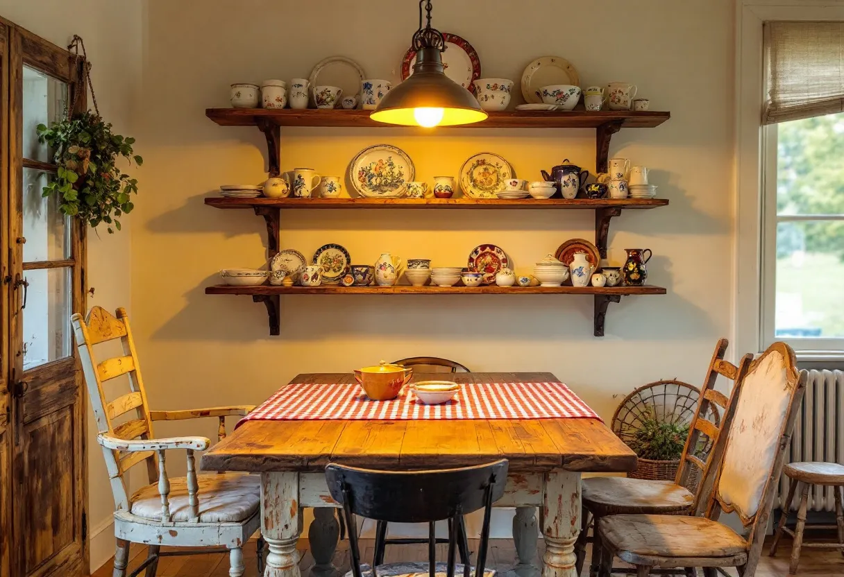 This cozy dining room exudes rustic charm with its vintage wooden furniture and warm ambiance. The wooden table, with its natural, distressed finish, serves as the centerpiece, accompanied by eclectic chairs that add character and a touch of whimsy. A red and white checkered tablecloth enhances the inviting mood, suggesting a setting that's perfect for casual meals and heartfelt gatherings. The soft amber glow of the overhead lamp casts a cozy light over the room, creating an intimate and welcoming atmosphere.
The open shelving on the wall proudly displays a collection of charming ceramic dishes and teapots, each piece contributing to the room's homely appeal. The variety of patterns and colors on the plates and bowls add a playful contrast against the warm tones of the wood. A wooden cabinet with glass doors, adorned with a lush green plant, complements the room’s natural aesthetic. A window with a simple shade allows soft natural light to filter in, highlighting the simplicity and comfort of this delightful dining space.