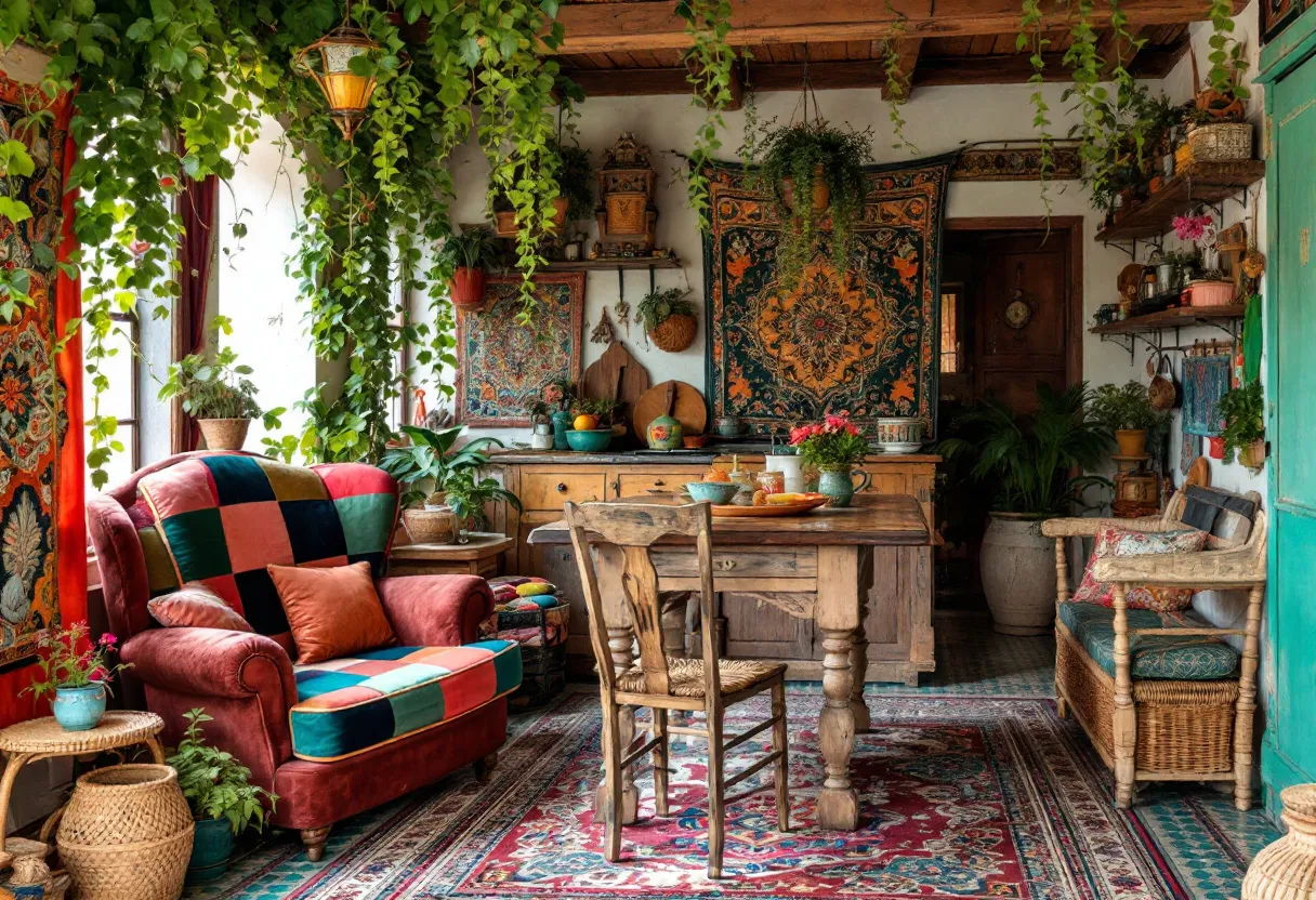This cozy kitchen exudes a warm and eclectic vibe, with its rich tapestry of colors and textures. The space is adorned with lush, trailing greenery that hangs from the ceiling, creating a natural canopy that adds to the inviting atmosphere. A comfortable armchair, upholstered in a vibrant patchwork fabric, provides a welcoming spot to relax and enjoy the surroundings. The combination of earthy tones and vibrant splashes of color from various plants and textiles brings an organic yet lively energy to the room.
The kitchen features rustic wooden furniture that enhances its homely charm. A sturdy wooden table serves as the focal point, surrounded by chairs that meld perfectly with the overall theme. Intricate tapestries with intricate patterns hang on the walls, introducing a bohemian flair that complements the detailed, colorful rug covering the floor. The open shelves and counters are thoughtfully decorated with pottery and woven baskets, reflecting a balance of practicality and aesthetics. This kitchen truly celebrates a harmonious blend of nature and coziness, making it an inviting retreat.
