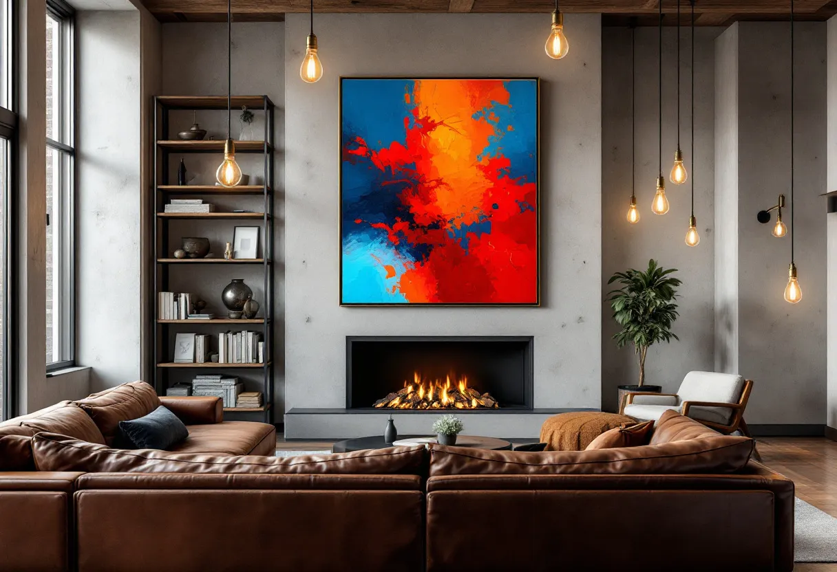 This cozy living room exudes warmth and modern charm with its carefully curated elements. The focal point is a striking abstract painting above the fireplace, featuring bold splashes of red, orange, and blue, adding a dynamic energy to the space. The fireplace itself is sleek and minimalist, emanating a comforting glow that enhances the room’s inviting atmosphere. Warm hues from leather sofas and a few understated furniture pieces contribute to the overall sense of relaxation and sophistication.
A set of bookshelves lines one side of the room, filled with neatly arranged books and decorative items, offering both functionality and style. Large windows allow natural light to flood the space, complementing the soft illumination from the multiple hanging Edison bulbs. The subtle presence of greenery adds a touch of nature, while the hardwood floor gives the room a classic, timeless feel. Together, these elements create a perfect balance of coziness and contemporary elegance.