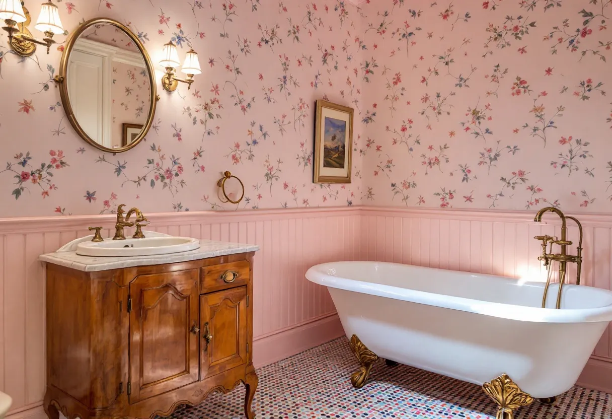 This cute bathroom exudes a charming vintage vibe, with its delicate floral wallpaper adorning the walls and creating a cozy and inviting atmosphere. The pink background of the wallpaper, dotted with colorful flowers, adds a touch of whimsy and warmth to the space. The wooden vanity, with its classic design and elegant marble countertop, complements the retro theme beautifully. The gold fixtures bring a hint of luxury and sophistication, enhancing the overall aesthetic of the room.
The centerpiece of the bathroom is undoubtedly the classic clawfoot tub, which sits gracefully on ornate golden feet. This elegant bath not only provides a delightful area for relaxation but also serves as a striking focal point. The flooring features a mosaic of small, multicolored tiles, adding an extra layer of detail and interest to the space. Soft lighting from the wall-mounted sconces completes the look, casting a warm glow that accentuates the bathroom's quaint and charming character.