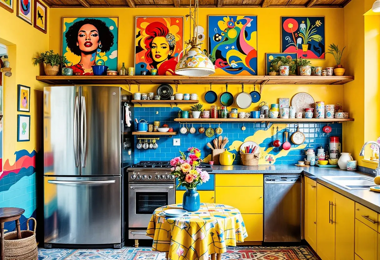 This eclectic kitchen bursts with vibrant colors and bold artistic elements, creating a lively and invigorating atmosphere. The bright yellow walls are adorned with captivating pop art pieces, adding a distinctive character to the space. The artwork features vivid depictions and dynamic color palettes, providing a stimulating backdrop to the kitchen activities. A combination of open shelves holds a variety of eclectic dishware and cookware, showcasing a colorful array of mugs, pots, and plates. The blue tiled backsplash further enhances the energetic ambiance, contrasting beautifully with the yellow cabinetry below.
The decor extends to the floor, where a patterned rug adds texture and warmth to the room. A central table, draped in a geometric tablecloth, is topped with a cheerful bouquet of flowers, further contributing to the kitchen's lively aesthetic. Metal appliances, such as the stainless steel fridge and stove, are seamlessly integrated into the vibrant environment, their sleek surfaces reflecting the surrounding colors. Small potted plants add a touch of nature, softening the bold lines and colors with organic shapes. Overall, this kitchen is a harmonious blend of art, color, and functionality, creating a unique and inviting space.