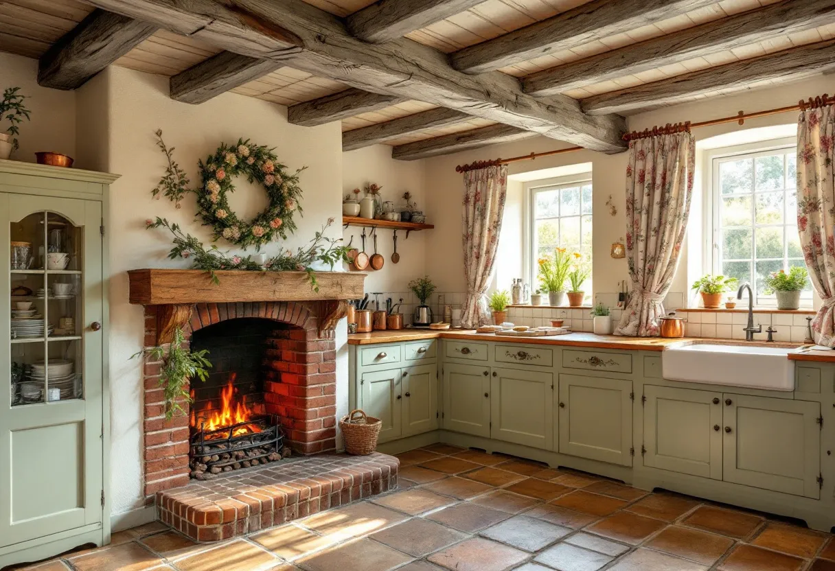 This English cottage kitchen exudes warmth and charm with its rustic elements and cozy atmosphere. Dominated by a beautiful brick fireplace, the room invites comfort and relaxation, providing a central focal point that enhances the overall aesthetic. The mantel is adorned with greenery and a decorative wreath, adding a touch of nature and color. Light green cabinetry runs along the walls, providing ample storage space while maintaining a vintage feel, and the wooden countertops complement the rustic vibe. The terracotta tiled floor enhances the warm and inviting mood, tying the room together with its earthy tones.
Soft natural light filters through floral-patterned curtains, bringing life to the space and highlighting the greenery from the potted plants on the windowsill. Exposed wooden beams on the ceiling add structural interest and authenticity to the cottage design. Overall, the kitchen combines practical functionality with a delightful sense of tradition, making it a quintessentially cozy English cottage space for cooking and gathering.