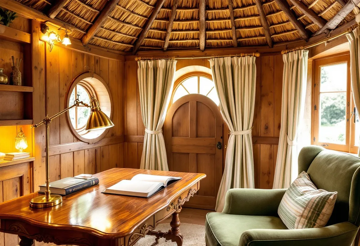This English cottage office exudes warmth and charm, capturing the timeless appeal of traditional design. The rustic wooden walls, complemented by a thatched ceiling, create a cozy, inviting atmosphere. A circular window allows natural light to gently illuminate the space, enhancing its quaint and serene ambience. The room features a beautifully crafted wooden desk adorned with a classic brass lamp, perfect for reading or writing. 
Adjacent to the desk is a comfortable, plush armchair with a softly striped cushion, providing an ideal spot for relaxation or contemplation. Cream-colored curtains frame the arched door and windows, adding an elegant touch while offering privacy. The overall aesthetic is a harmonious blend of comfort and sophistication, making it an ideal setting for focused work or leisurely retreat.