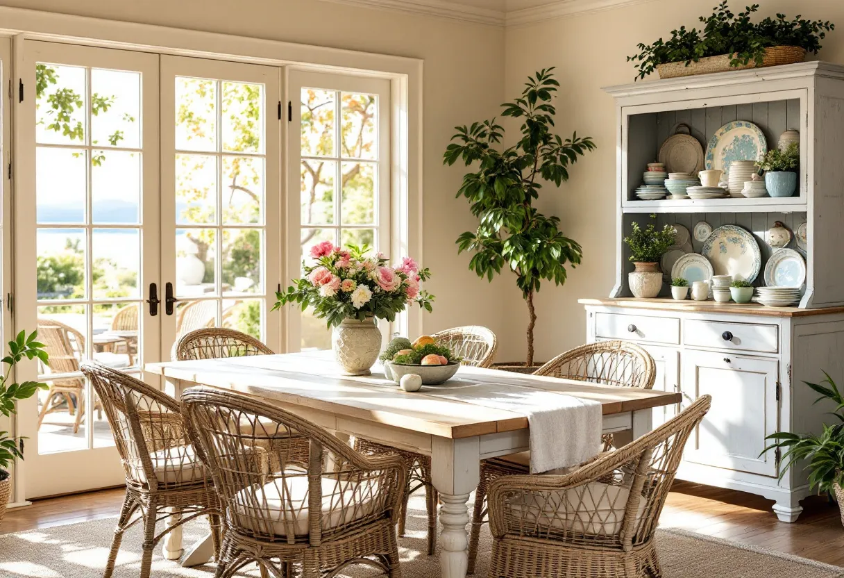 This farmhouse dining room exudes a warm and inviting atmosphere, enhanced by abundant natural light pouring through large French doors. The room features a sturdy wooden dining table, which is the centerpiece, surrounded by wicker chairs that add a rustic touch. A vase filled with fresh flowers decorates the table, bringing a pop of color and a sense of freshness to the space. The light streaming in creates a bright and airy ambiance, making it an ideal setting for shared meals and gatherings.
To the side, a charming hutch is prominently displayed, showcasing an array of beautifully arranged ceramics and dishware. The combination of whitewashed and natural wood tones gives the furniture a timeless appeal, complementing the farmhouse aesthetic. Lush greenery accents the room, with potted plants adding a touch of nature, enhancing the countryside feel. This elegant yet quaint dining room captures the essence of country living, perfect for creating cozy and treasured moments.