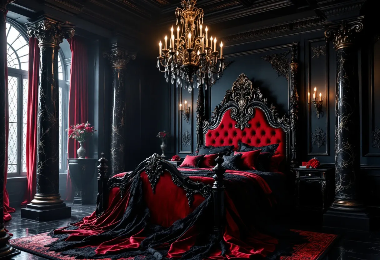 This gothic bedroom exudes an aura of dramatic elegance, with its rich, dark color palette and intricate detailing. The centerpiece is a grand bed featuring an ornate headboard adorned with intricate carvings, upholstered in deep red fabric that contrasts strikingly against the black backdrop. The bedding, a luxurious blend of red and black, flows gracefully onto the dark, polished floor, adding to the room's opulent atmosphere. The walls and ceiling are embellished with elaborate moldings and decorative elements that enhance the overall gothic aesthetic.
Illuminating the space is a magnificent chandelier, its numerous candles casting a warm, flickering glow that highlights the room's sumptuous textures and rich hues. Tall, imposing columns frame the windows, draped with heavy red curtains that provide a sense of seclusion and mystery. The interplay of light and shadow further accentuates the room's enchanting and enigmatic feel, transporting anyone who enters into a realm of historic grandeur and refined style.