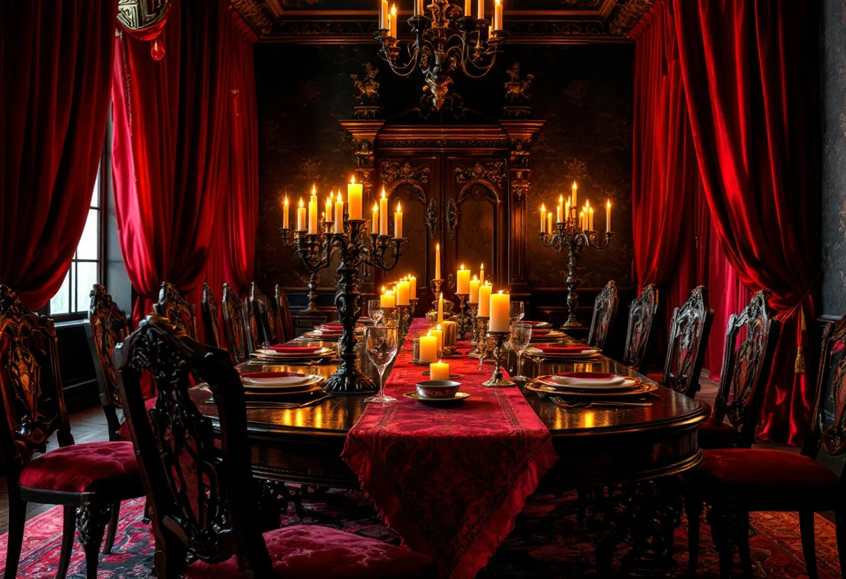 This gothic dining room exudes an aura of rich opulence and dramatic elegance. The room is enveloped in deep red hues, from the luxurious drapes to the intricate rug, creating a sense of warmth and grandeur. A long, polished dining table stands at the center, adorned with a vibrant red tablecloth that cascades down its length. The chairs surrounding the table are intricately carved, displaying an exquisite level of craftsmanship that is characteristic of the Gothic style.
The lighting in the room is dominated by an elaborate chandelier and candelabras that cast a warm, flickering glow. The numerous candles enhance the room's mystical ambiance, their soft light reflecting off crystal glassware and fine china, adding to the air of sophistication. Ornate woodwork and dark, rich colors combine to transport anyone who enters into a space reminiscent of a grand historical banquet hall, where every detail contributes to the room's majestic allure.