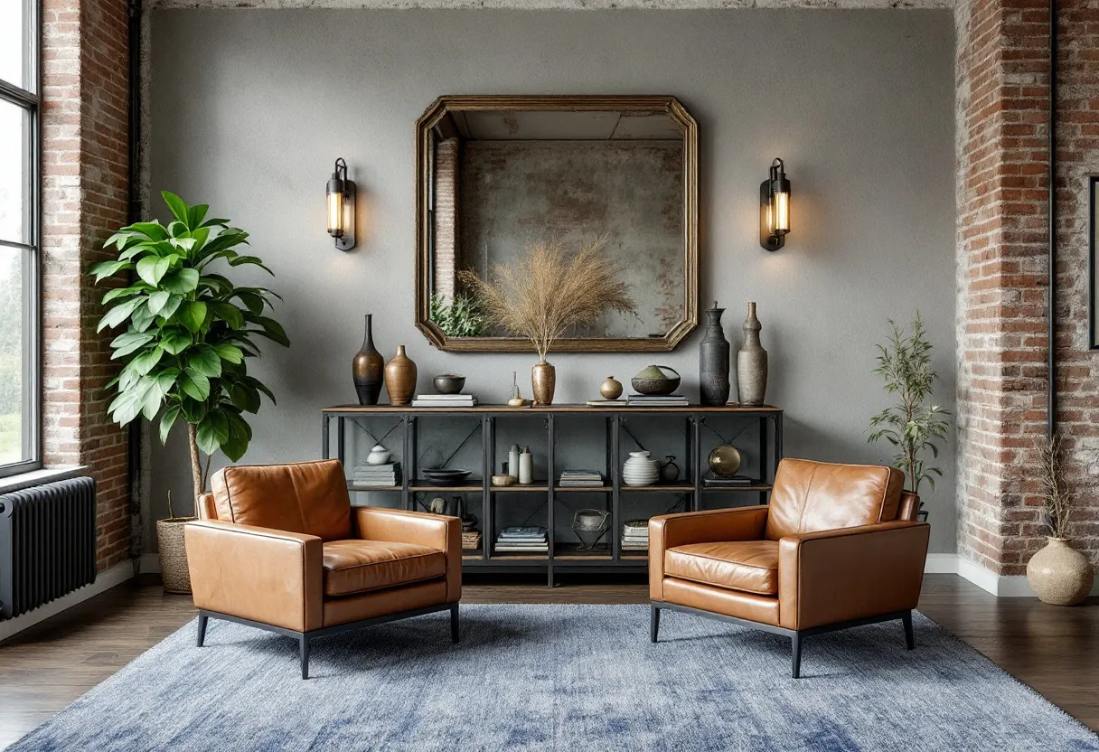 This industrial living room features an aesthetic blend of rugged and refined elements, perfectly balancing warmth and modernity. The exposed brick walls add an authentic industrial touch, creating a textural contrast with the smooth gray painted wall. Large leather armchairs serve as the main seating option, offering comfort and a touch of sophistication with their rich, earthy tones. A patterned rug in muted blue tones anchors the seating area, infusing a subtle yet effective pop of color into the space.
The room is thoughtfully decorated with a variety of vases and decorative objects displayed on a metal and wood console table, enhancing the industrial vibe. A large mirror with an ornate frame hangs above, reflecting light and expanding the perception of space. Wall-mounted sconces provide soft, ambient lighting, complementing the natural light streaming in from the floor-to-ceiling windows. The addition of greenery, such as the potted plants, breathes life into the room, balancing the industrial elements with organic textures.