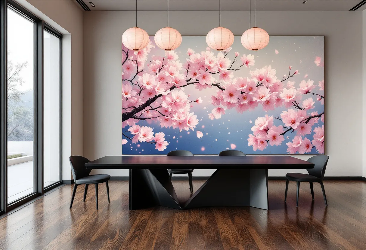 This Japanese dining room embodies a harmonious blend of traditional and modern design elements. A striking feature is the large wall art depicting sakura blossoms against a gradient sky, infusing the space with a sense of tranquility and elegance. The cherry blossoms, a symbol deeply rooted in Japanese culture, bring a delicate touch of nature into the room, creating a serene and inviting atmosphere.
The minimalist furniture complements the room’s aesthetic, with a sleek, dark wood dining table serving as the centerpiece. Its geometric base adds a contemporary flair, while the accompanying chairs are equally streamlined and modern. The wooden floor enhances the warmth of the space, and the large windows allow ample natural light to flood the room, highlighting the interplay between natural and designed elements. Suspended above the dining area are traditional Japanese paper lanterns, casting a soft, ambient glow that enhances the calming ambiance.