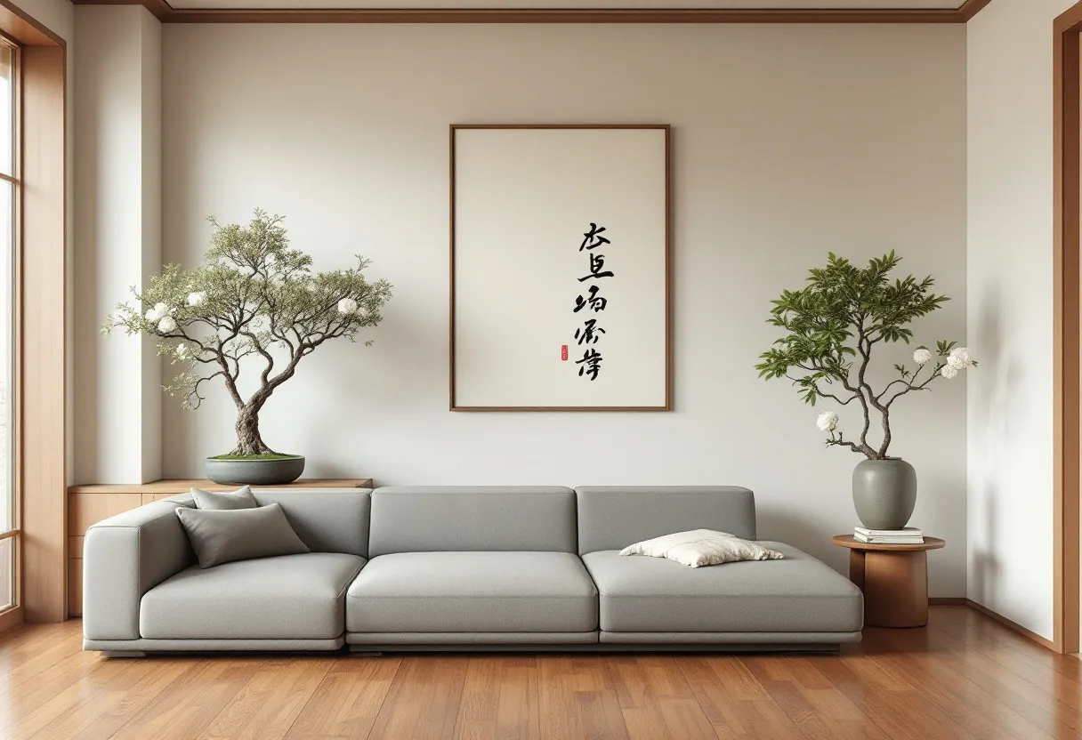 This Japanese living room embodies a harmonious blend of minimalism and natural elements, creating a serene and inviting atmosphere. The room features a sleek, low-profile gray sofa that rests gracefully on warm wooden flooring. The choice of neutral tones enhances the sense of calm and simplicity characteristic of Japanese design. Positioned behind the sofa, two meticulously maintained bonsai trees sit atop understated wooden tables, introducing elements of nature and balance to the interior space.
Centrally hung above the sofa is a framed piece of calligraphy, adding a touch of traditional Japanese art and reinforcing the cultural authenticity of the decor. The use of natural light is evident, with large windows allowing sunlight to flood the room, highlighting the textures and colors of the wooden floor and furniture. This Japanese living room seamlessly integrates elements of traditional aesthetics and modern design, resulting in a space that feels both peaceful and aesthetically pleasing.