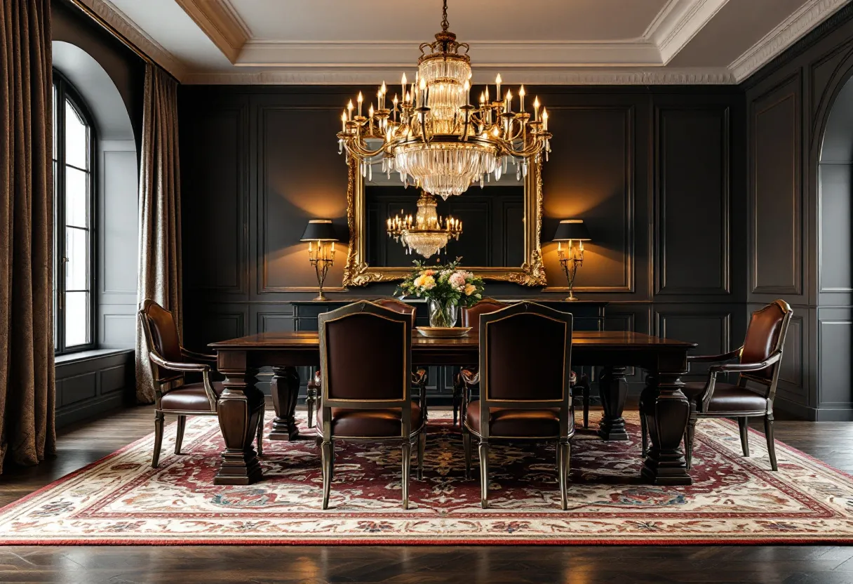 This masculine dining room exudes a sense of sophistication and elegance. The centerpiece is a grand, dark wooden dining table, complemented by plush, leather-upholstered chairs that add to the luxurious ambiance. The room is anchored by a rich, ornate rug underfoot, which introduces deep red and beige tones, providing a warm contrast to the darker elements in the space. 
Above the dining table hangs a magnificent crystal chandelier that casts a warm, inviting glow, enhancing the refined atmosphere. The walls are adorned with dark paneling, and a large, ornate mirror reflects the chandelier’s light, doubling its impact and creating an illusion of expanded space. The tall, arched windows, framed with heavy drapes, allow natural light to filter in, balancing the room's dark tones with a touch of brightness. Overall, the design elements come together to create a space that is both commanding and welcoming.