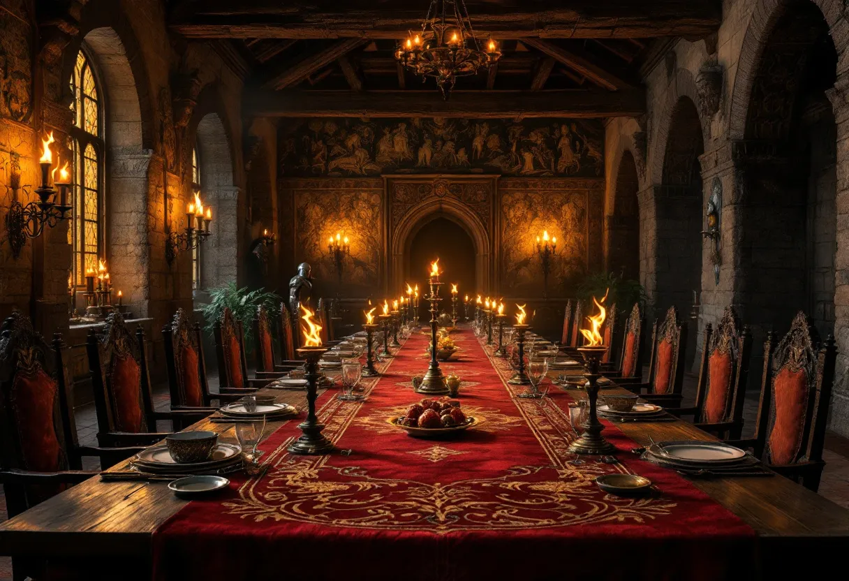 This medieval dining room exudes an aura of grandeur and history. The long, wooden banquet table is adorned with an opulent red tablecloth featuring intricate golden embroidery, reflecting the era's penchant for rich and elaborate designs. Tall candlesticks with flickering flames run symmetrically along the table, illuminating the polished surfaces and casting a warm glow over the entire room. Each place setting is meticulously arranged with fine plates and gleaming silverware, hinting at the banquets and feasts that might take place here.
The room's architecture is characterized by stone walls and arched windows, reminiscent of a grand castle or manor. The stained glass in the windows adds a touch of color as the light filters through. Tapestries depicting historical or mythical narratives hang on the far wall, contributing to the ambiance of medieval nobility. Overhead, a grand chandelier adds to the luxurious yet rustic feel, while suits of armor and decorative plants inserted subtly into the scene bring life and authenticity to the setting. Overall, this dining room captures the essence of medieval opulence and the social customs of the time.