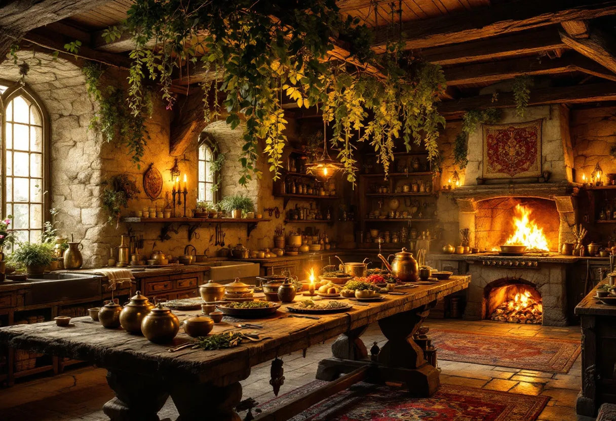 This medieval kitchen exudes warmth and rustic charm, characterized by its robust stone walls and wooden beams. A large hearth dominates the space, its crackling fire casting a golden glow across the room. The hearth is not only the focal point for cooking but also serves as a heat source, contributing to the cozy ambiance. Above, dried herbs hang from the ceiling beams, infusing the air with an earthy aroma while adding a touch of greenery to the stone and timber surroundings.
The central wooden table is laden with an assortment of foods and brass pots, indicative of a feast in preparation. This sturdy table, with its well-worn surface, serves as the heart of the kitchen where all culinary activities converge. Shelves lined with various jars and utensils suggest a well-stocked pantry, showcasing the practicality and resourcefulness typical of medieval kitchens. The natural light streaming through the arched windows highlights the texture of the stone and wood, enhancing the inviting and homely atmosphere.