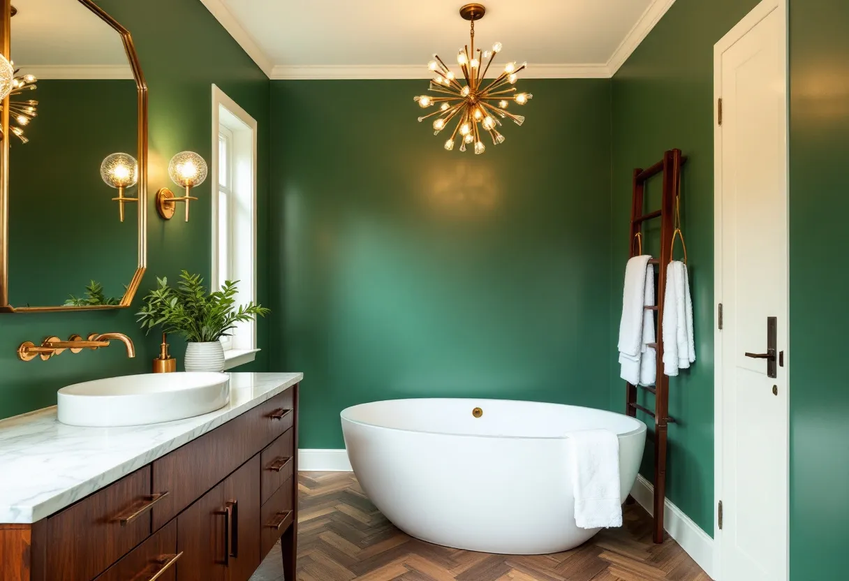 This mid century modern bathroom showcases a harmonious blend of style and function. The deep green walls create a calming atmosphere, complemented by a distinctive white standalone tub that adds a touch of luxury. The wooden vanity, with its rich tones and sleek lines, embodies mid century design, featuring a polished marble countertop for a refined aesthetic. A minimalist round sink enhances the simplicity and elegance of the space.
The space is illuminated by a striking starburst chandelier, a hallmark of mid century design, casting warm light that accentuates the room's features. A large, uniquely shaped mirror with gold accents adds visual interest and depth. The warmth of the herringbone-patterned wood floor adds to the inviting feel, while a modern ladder-style towel rack introduces a practical yet stylish element. This bathroom effortlessly combines vintage charm with modern sophistication.