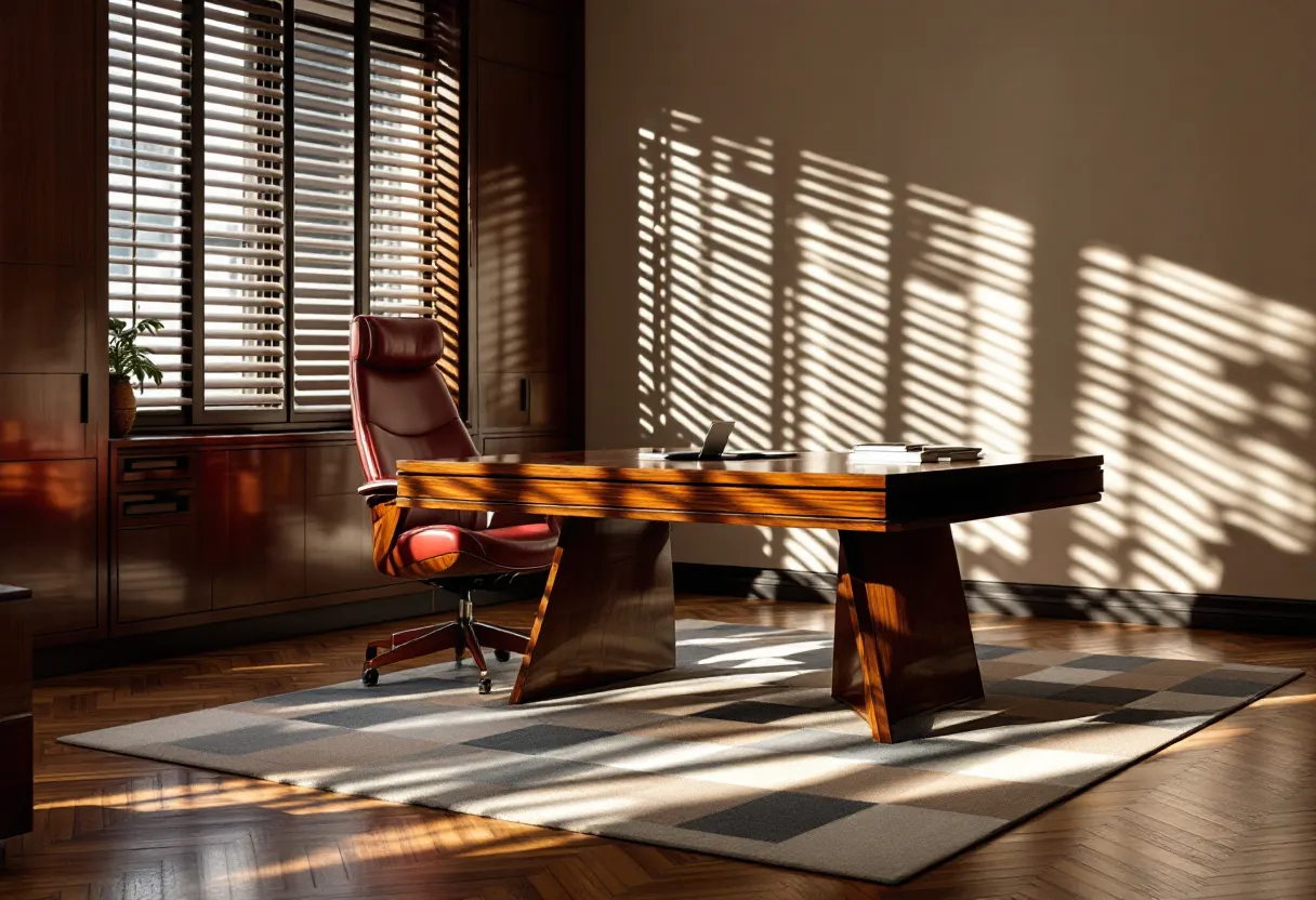 This mid century modern office exudes elegance and sophistication through its streamlined design and careful use of materials. The rich wooden desk takes center stage, with clean lines and tapered legs that exemplify the mid century aesthetic. The desk’s surface is uncluttered, creating a sense of order and focus, which is further emphasized by the geometric patterned rug beneath it. Bathed in natural light streaming through the window blinds, the room exudes warmth and openness, enhancing the natural tones of the wood and the soft leather of the chair.
The office features a harmonious palette with earthy browns, deep reds, and subtle grays, creating a cohesive and inviting atmosphere. The high-backed, leather office chair adds a touch of luxury, combining comfort with style. The herringbone parquet floor introduces a classic touch that complements the contemporary lines of the furniture. This thoughtful integration of elements, materials, and colors illustrates the timeless appeal of mid century modern design, making the space both functional and aesthetically pleasing.