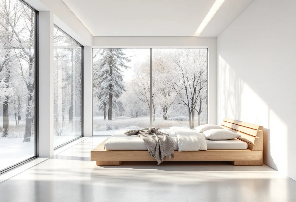 This minimalist bedroom showcases a serene and uncluttered design, emphasizing simplicity and natural elements. The room features a spacious wooden platform bed with clean lines and a natural finish that aligns with the minimalist aesthetic. The crisp white bedding and a single gray throw blanket enhance the calm atmosphere, providing a subtle contrast to the natural wood tones. The large windows allow an abundance of natural light to flood the space, highlighting the room's openness and connection to the outdoors.
The expansive windows offer a breathtaking view of the snowy landscape outside, seamlessly blending the interior with nature. The absence of additional furnishings or decorations draws attention to the stunning winter scene, making it a focal point of the room. This integration of natural elements not only enhances the minimalist theme but also promotes tranquility and relaxation, making the space an inviting retreat.