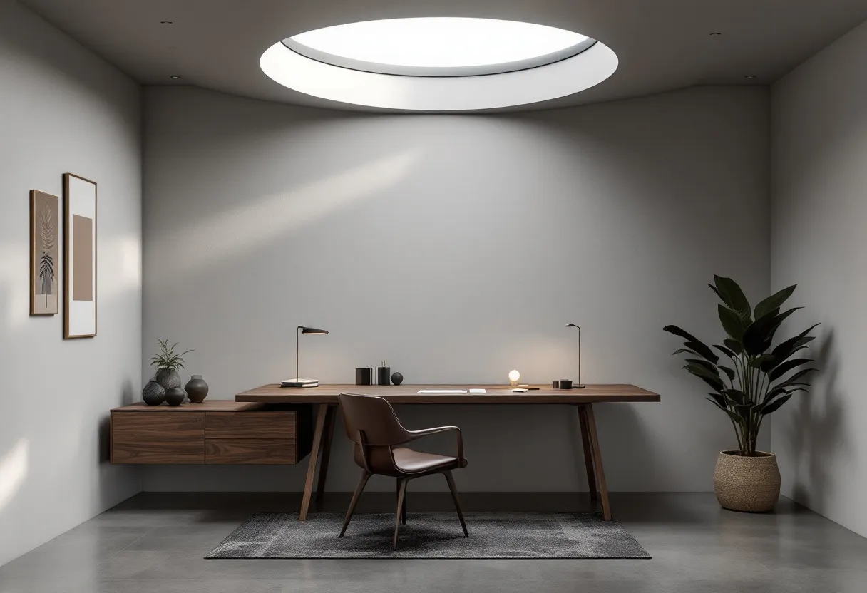 This minimalist office exudes simplicity and elegance, with its clean lines and uncluttered space. The room is dominated by a large wooden desk that anchors the space, complemented by a sleek, leather chair. The neutral color palette of the walls and floor enhances the calming atmosphere, allowing the natural materials to stand out. A round skylight in the ceiling provides ample natural light, creating a serene and airy ambiance that is perfect for focused work or creative thinking.
To the side of the desk, two framed abstract prints add a touch of subtle art, contrasted against the light walls. A couple of small, decorative plants add a hint of greenery without overwhelming the space, supporting the minimalist theme while bringing life to the room. A larger plant in a woven pot further adds texture and interest. The overall design is both functional and aesthetically pleasing, creating a harmonious work environment.