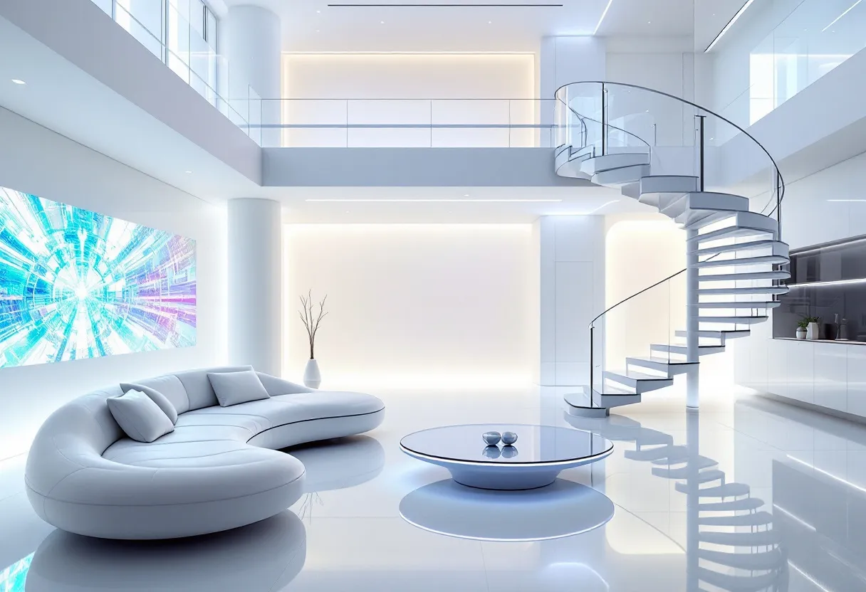 This modern living room exudes an airy and spacious atmosphere, highlighted by a minimalist yet sophisticated design. The centerpiece of the room is a sleek, curved white sofa that adds elegance and comfort. Positioned near the sofa is a circular coffee table with a reflective surface, which enhances the room's bright and open feel. Light pours in from above, illuminating the space and accentuating the seamless integration of white and soft, neutral tones.
On one side of the room, a spiral staircase with clear glass railings provides a striking architectural feature. Its fluid design mirrors the curvature of the sofa, adding a dynamic element to the otherwise serene space. A large, vibrant digital artwork adds a touch of color and modernity against the predominantly neutral backdrop. The overall effect is a harmonious blend of contemporary design and functional elegance, creating an inviting yet stylish living area.