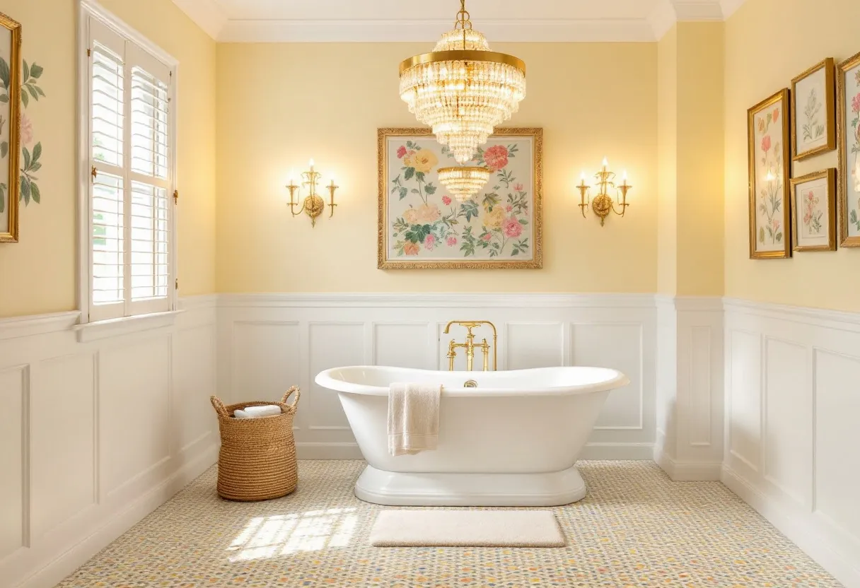 This preppy bathroom exudes a charming and classic elegance with its sophisticated design elements. The centerpiece is a luxurious freestanding bathtub, complemented by golden fixtures that add a touch of opulence. Above the tub hangs a stunning chandelier with cascading tiers of crystals, which illuminates the room and adds a glamorous ambiance. The walls are adorned with wainscoting, painted in a crisp white that contrasts beautifully with the soft pastel yellow hue of the upper walls. This color palette creates a warm and inviting atmosphere, perfect for relaxation.
Floral artwork in ornate gold frames decorates the walls, enhancing the preppy aesthetic with delicate, colorful floral patterns that bring a touch of nature indoors. The large windows fitted with white shutters allow natural light to flood the space, highlighting the intricate tile flooring that mirrors the room’s color scheme. A woven basket holding rolled towels adds a casual yet thoughtful touch, blending functionality with style. Overall, this bathroom achieves a perfect balance between sophistication and comfort, making it an ideal retreat for unwinding.