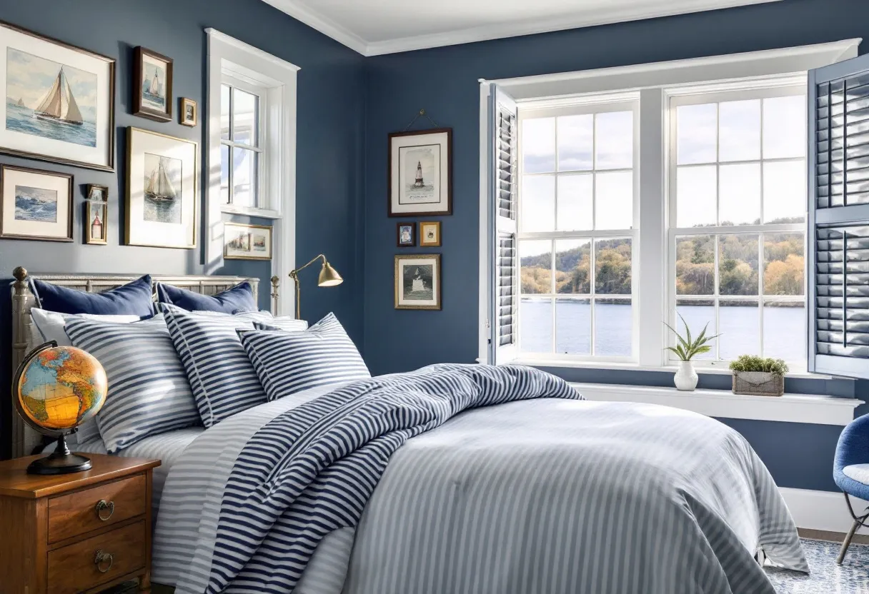 This preppy bedroom showcases a classic nautical theme, predominantly decorated in shades of navy blue and white. The walls feature a deep blue color that complements the white trim around the windows, creating a crisp, clean look typical of preppy style. The bedding continues this theme with elegant striped patterns that echo the maritime motif. The bed is adorned with an array of plush pillows, each sporting alternating stripes in blue and white, adding layers of texture and comfort. The use of these colors and patterns gives the room a sophisticated yet relaxed coastal vibe.
The room is adorned with framed nautical artwork that enhances the seaside aesthetic. A collection of sailboat prints and nautical-themed pieces are arranged on the walls, adding interest and a personal touch. Natural light streams through the plantation shutters, illuminating the room and highlighting the view outside, which features a serene landscape by the water. A small wooden side table beside the bed holds a globe and a brass lamp, adding a touch of vintage charm and warmth to the space. The overall atmosphere is one of timeless elegance that invites relaxation and reflection.