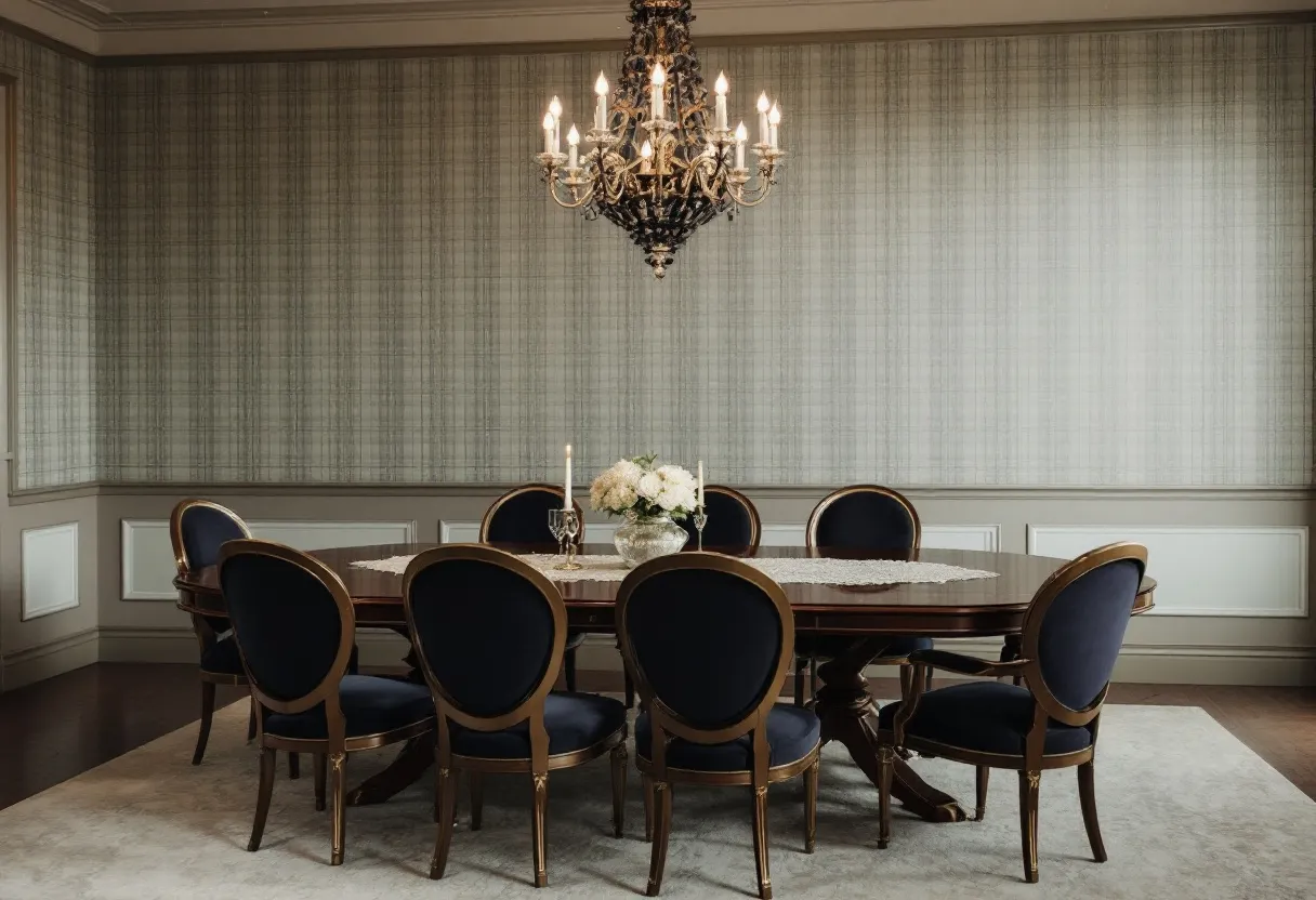 This preppy dining room exudes elegance and sophistication, with a carefully curated design that emphasizes classic style and comfort. The room is anchored by a large, oval wooden dining table, which is beautifully complemented by a set of eight chairs featuring navy blue upholstery and polished wood frames. The chairs' graceful curves and luxurious fabric add a touch of richness, enhancing the room's refined atmosphere. The table is adorned with a delicate lace runner, and a tasteful arrangement of fresh flowers in a glass vase serves as the centerpiece, adding a subtle pop of freshness and color to the setting.
Overhead, an exquisite chandelier serves as the room's focal point, hanging gracefully from the ceiling and casting a warm, inviting glow. The chandelier's intricate metalwork and soft, candle-like bulbs contribute to the room's classic charm. The walls are covered with a sophisticated patterned wallpaper in muted tones, providing a harmonious backdrop that complements the room's palette. The combination of these elements creates an ambiance of understated luxury and effortless preppy sophistication, perfect for both everyday dining and elegant entertaining.